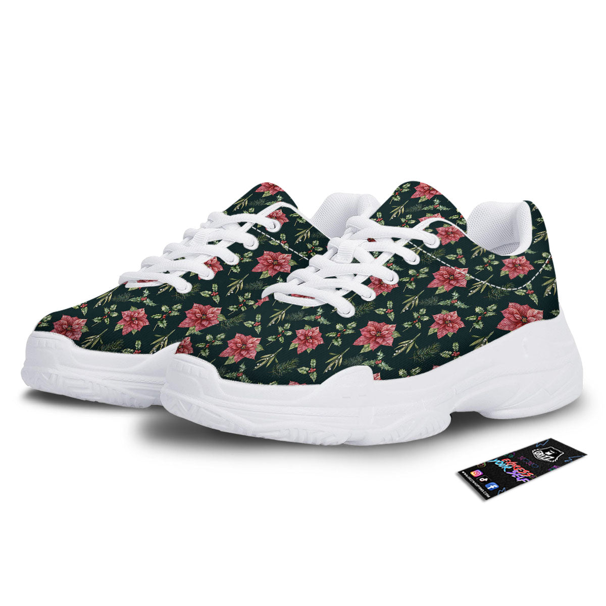 Poinsettia Christmas Watercolor Print Pattern White Chunky Shoes-grizzshop