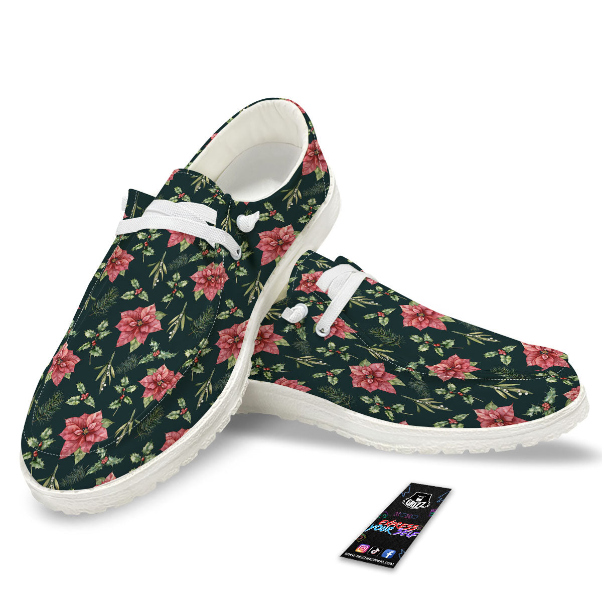 Poinsettia Christmas Watercolor Print Pattern White Loafers-grizzshop