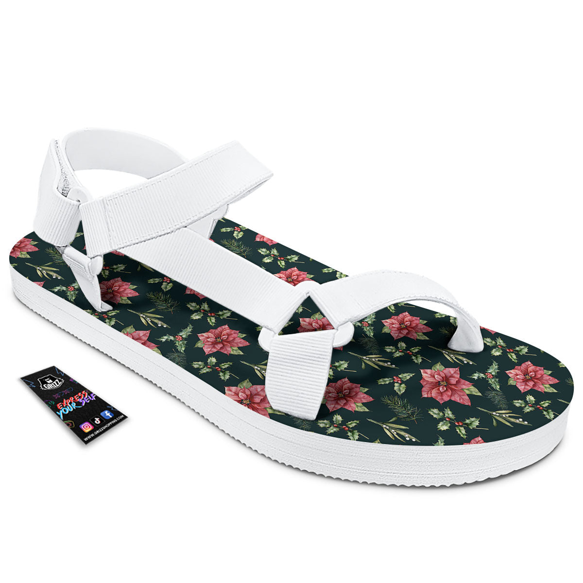 Poinsettia Christmas Watercolor Print Pattern White Open Toe Sandals-grizzshop