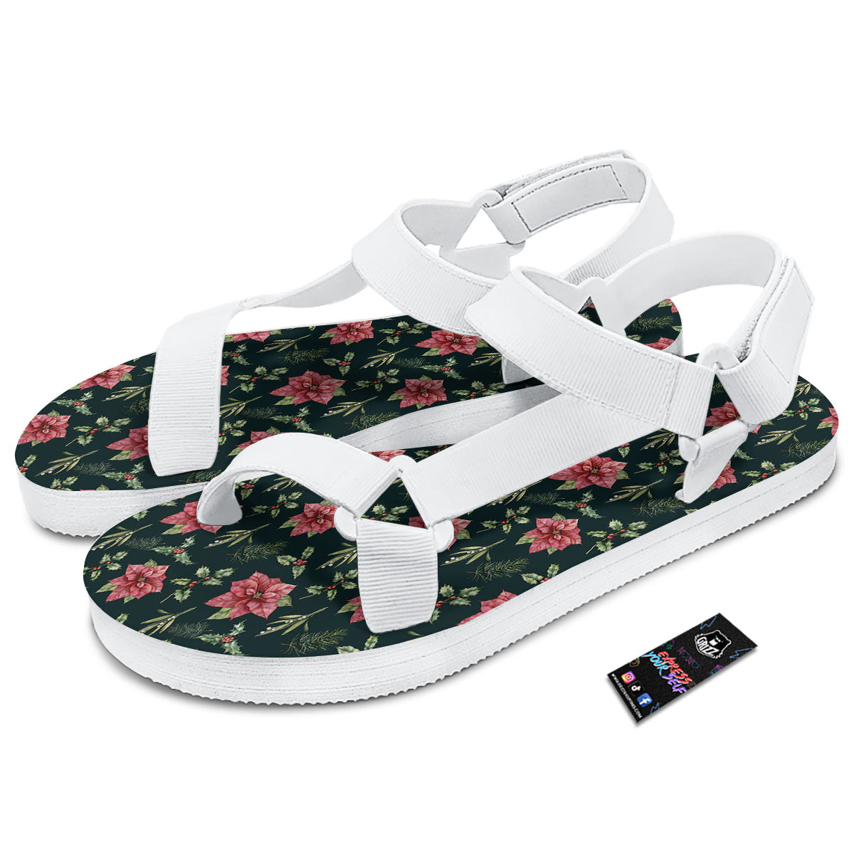 Poinsettia Christmas Watercolor Print Pattern White Open Toe Sandals-grizzshop