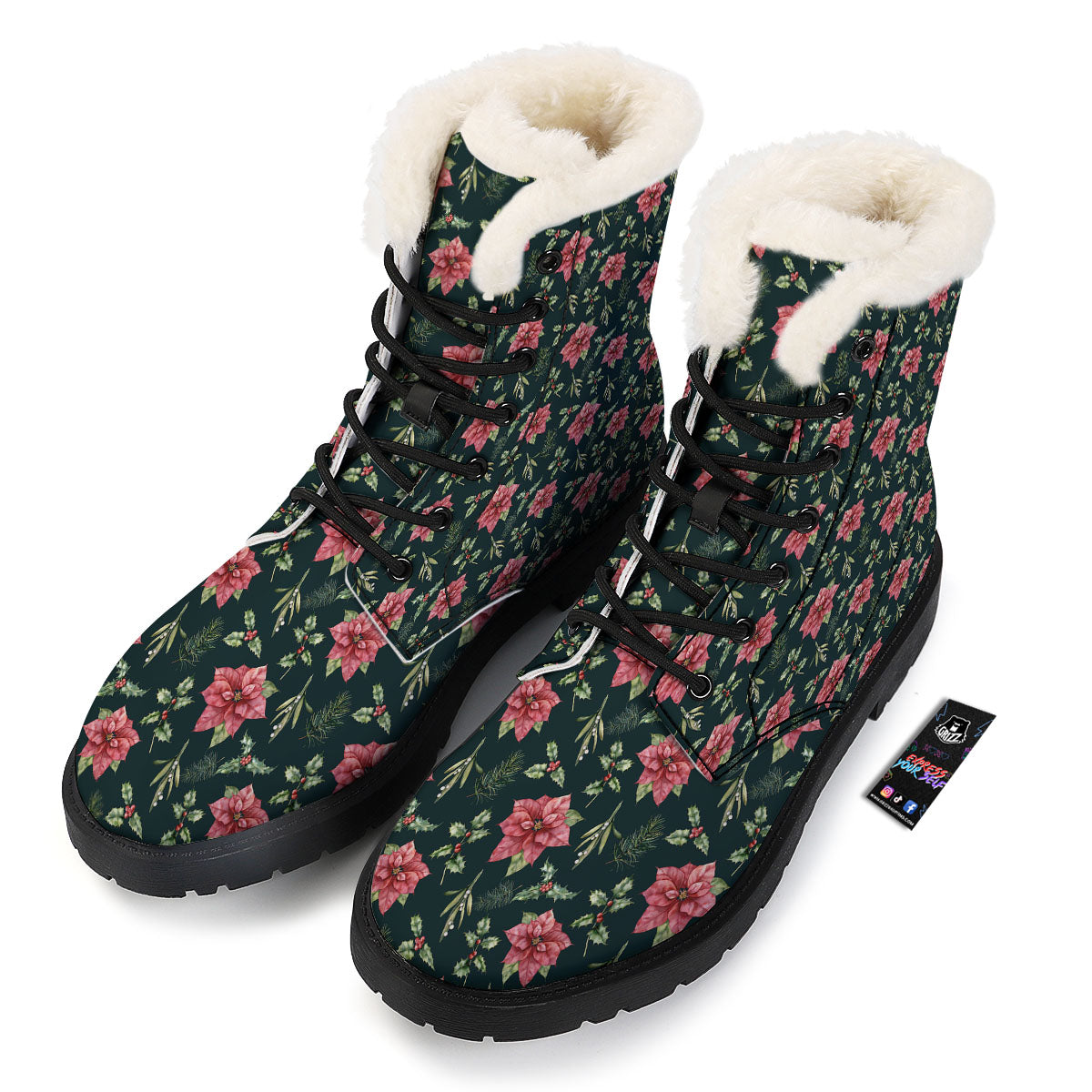 Poinsettia Christmas Watercolor Print Pattern Winter Boots-grizzshop