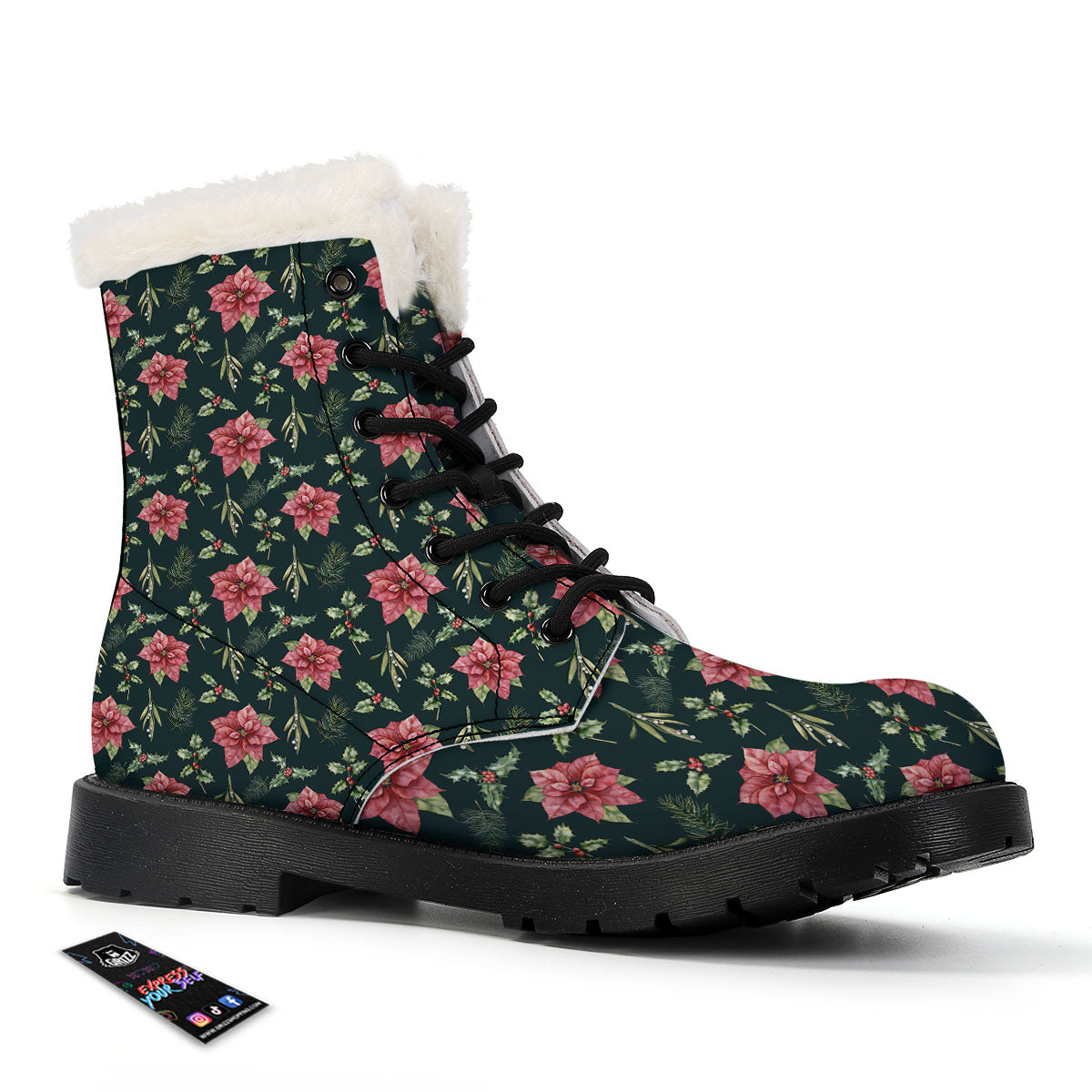 Poinsettia Christmas Watercolor Print Pattern Winter Boots-grizzshop