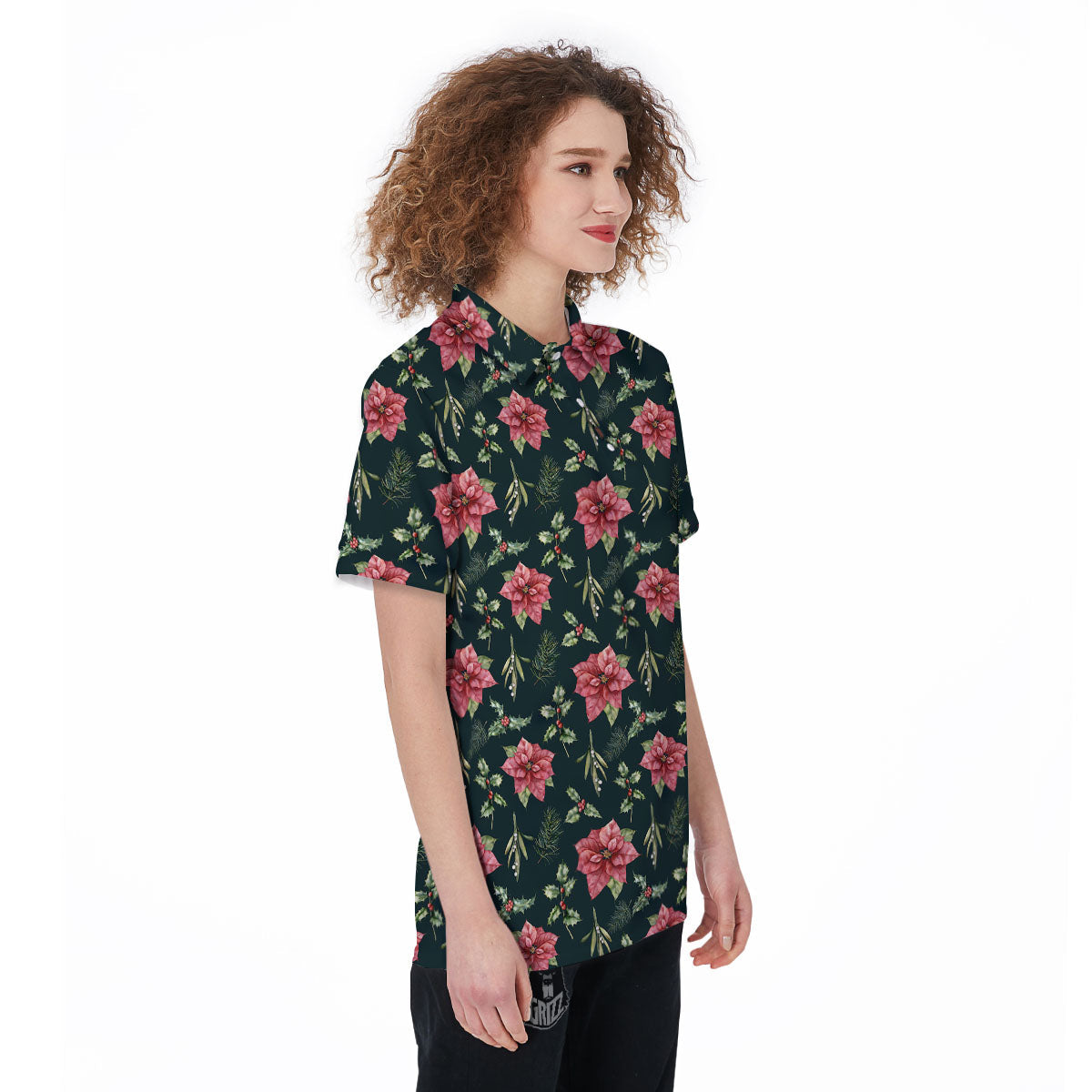 Poinsettia Christmas Watercolor Print Pattern Women's Golf Shirts-grizzshop