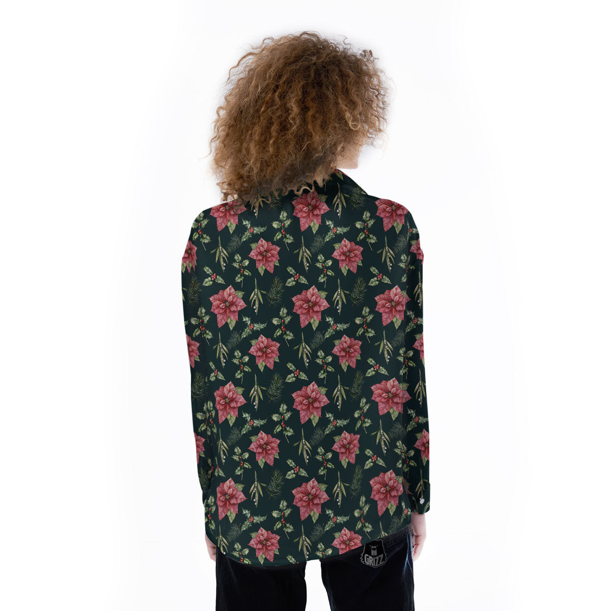 Poinsettia Christmas Watercolor Print Pattern Women's Long Sleeve Shirts-grizzshop