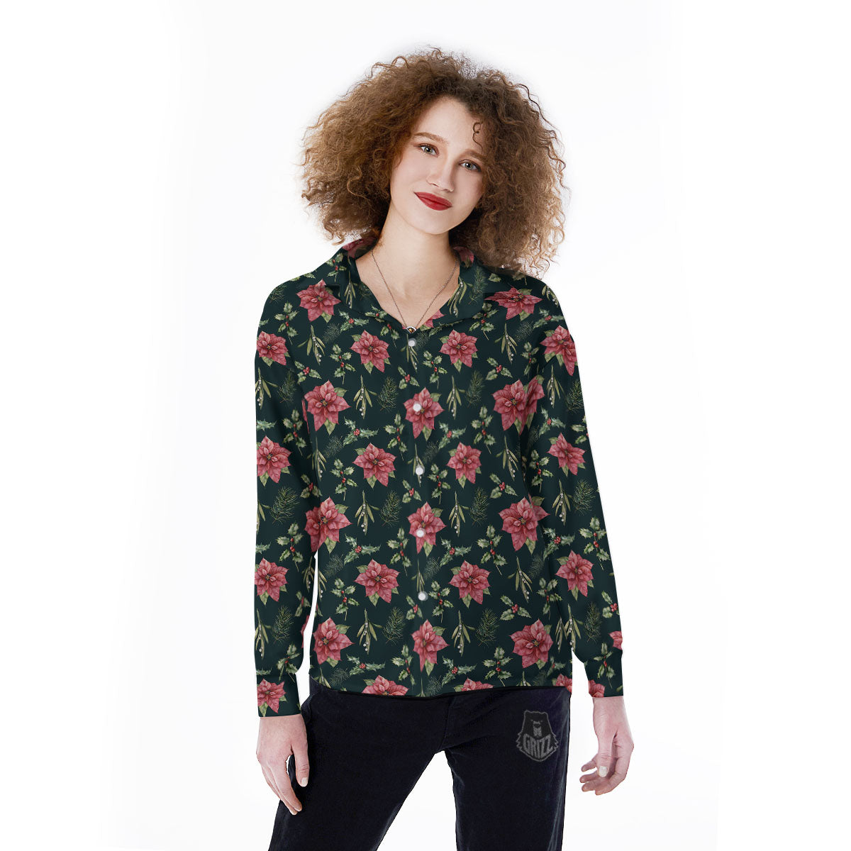 Poinsettia Christmas Watercolor Print Pattern Women's Long Sleeve Shirts-grizzshop