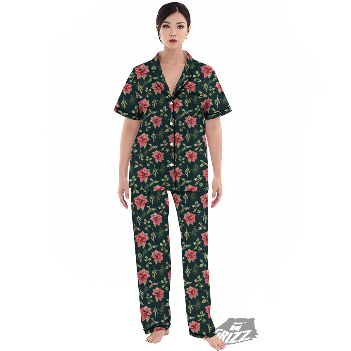 Poinsettia Christmas Watercolor Print Pattern Women's Pajamas Set-grizzshop