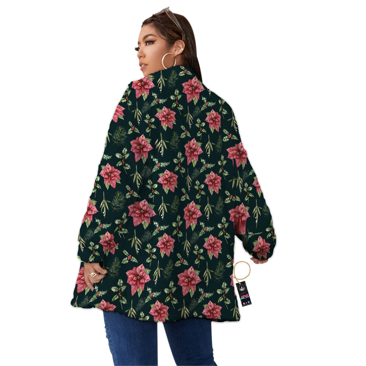 Poinsettia Christmas Watercolor Print Pattern Women's Sherpa Jacket-grizzshop