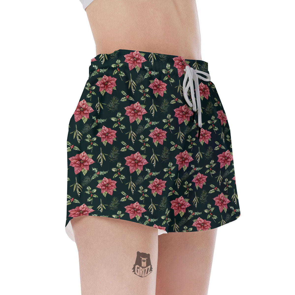 Poinsettia Christmas Watercolor Print Pattern Women's Shorts-grizzshop
