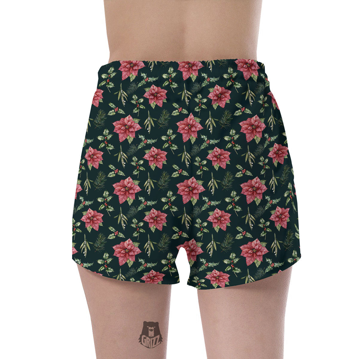 Poinsettia Christmas Watercolor Print Pattern Women's Shorts-grizzshop
