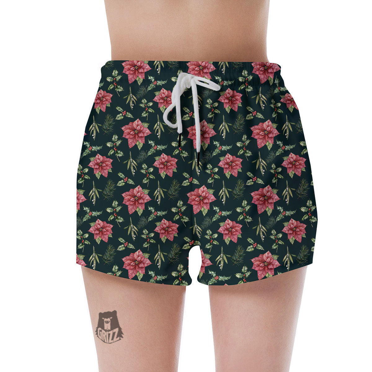Poinsettia Christmas Watercolor Print Pattern Women's Shorts-grizzshop