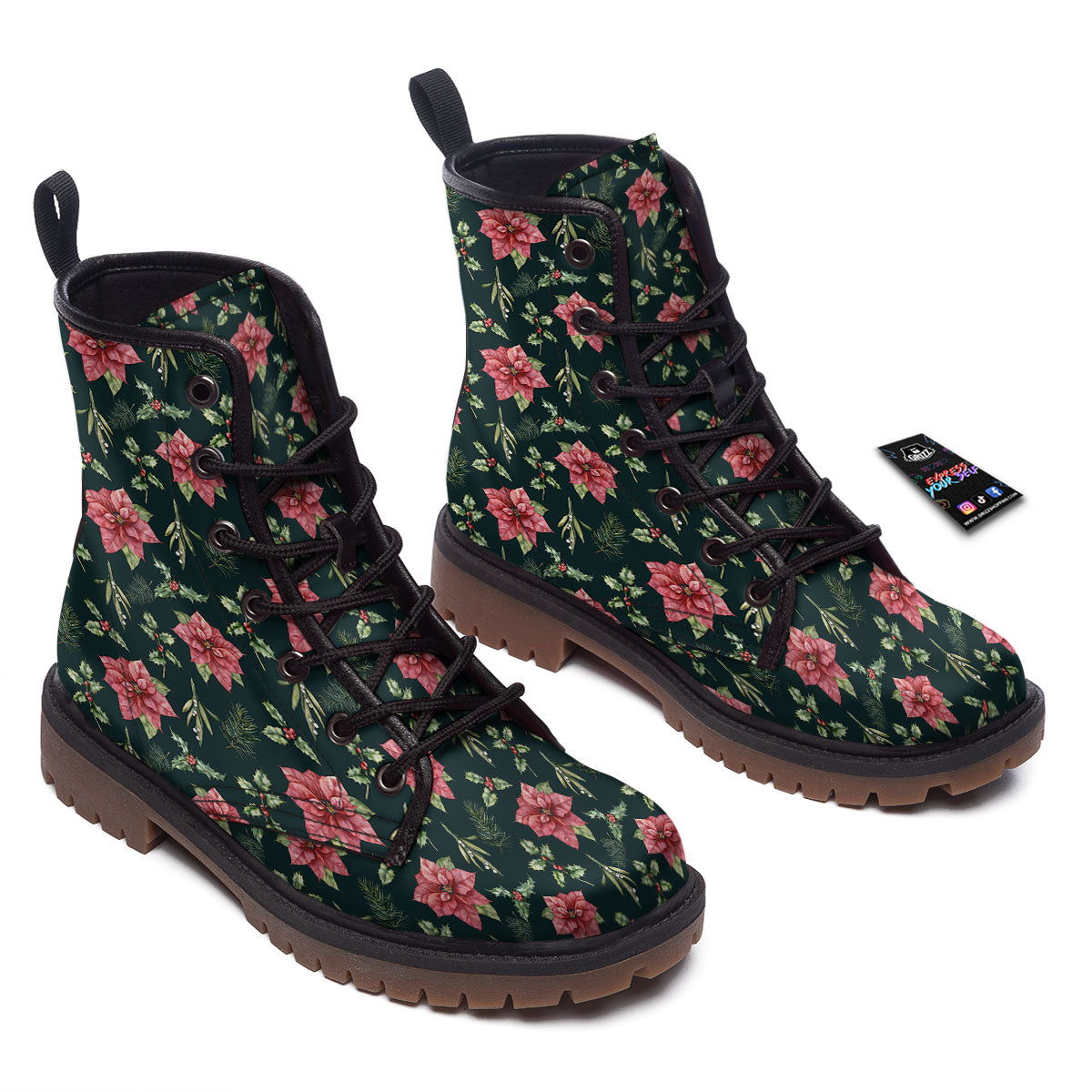 Poinsettia Christmas Watercolor Print Pattern Work Boots-grizzshop