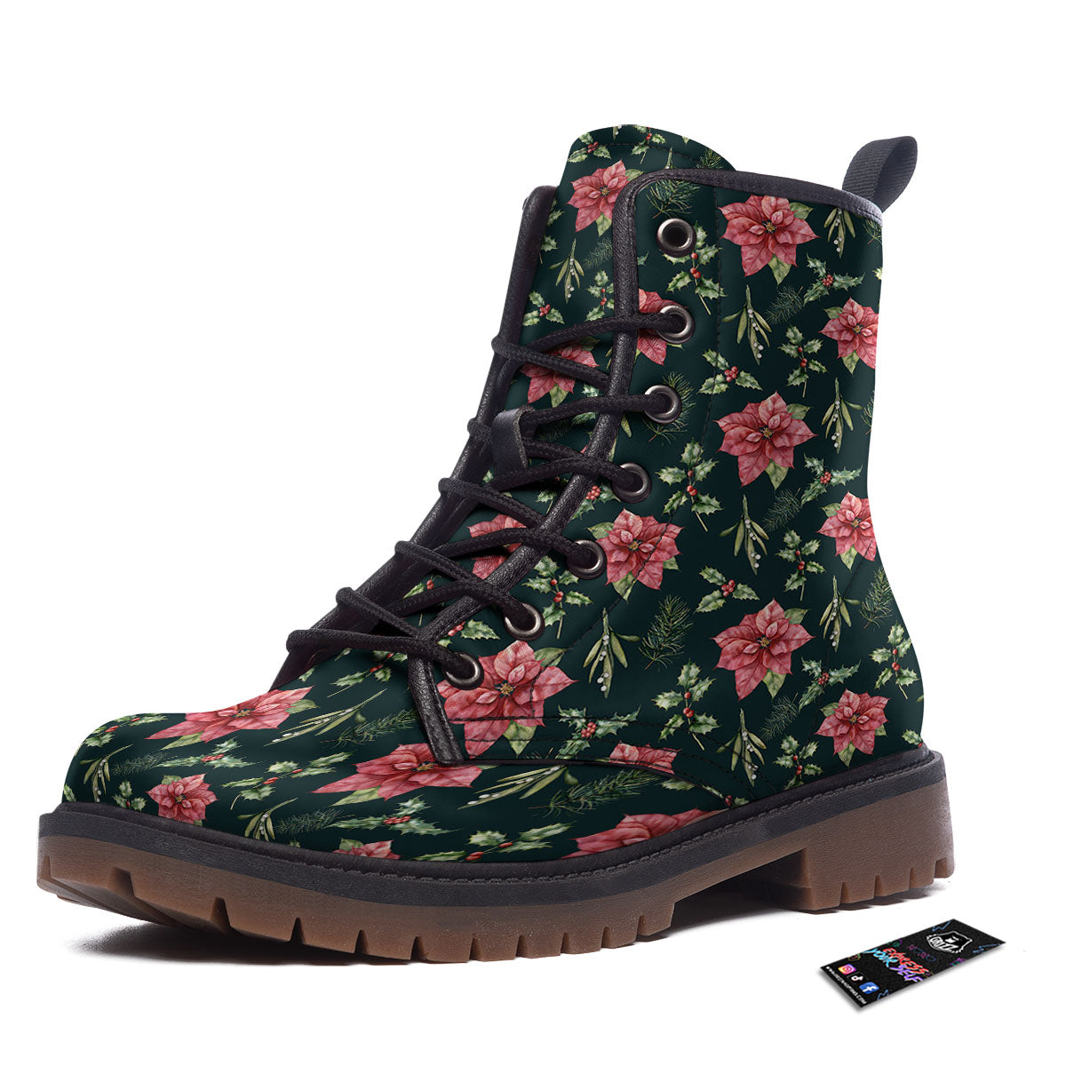 Poinsettia Christmas Watercolor Print Pattern Work Boots-grizzshop