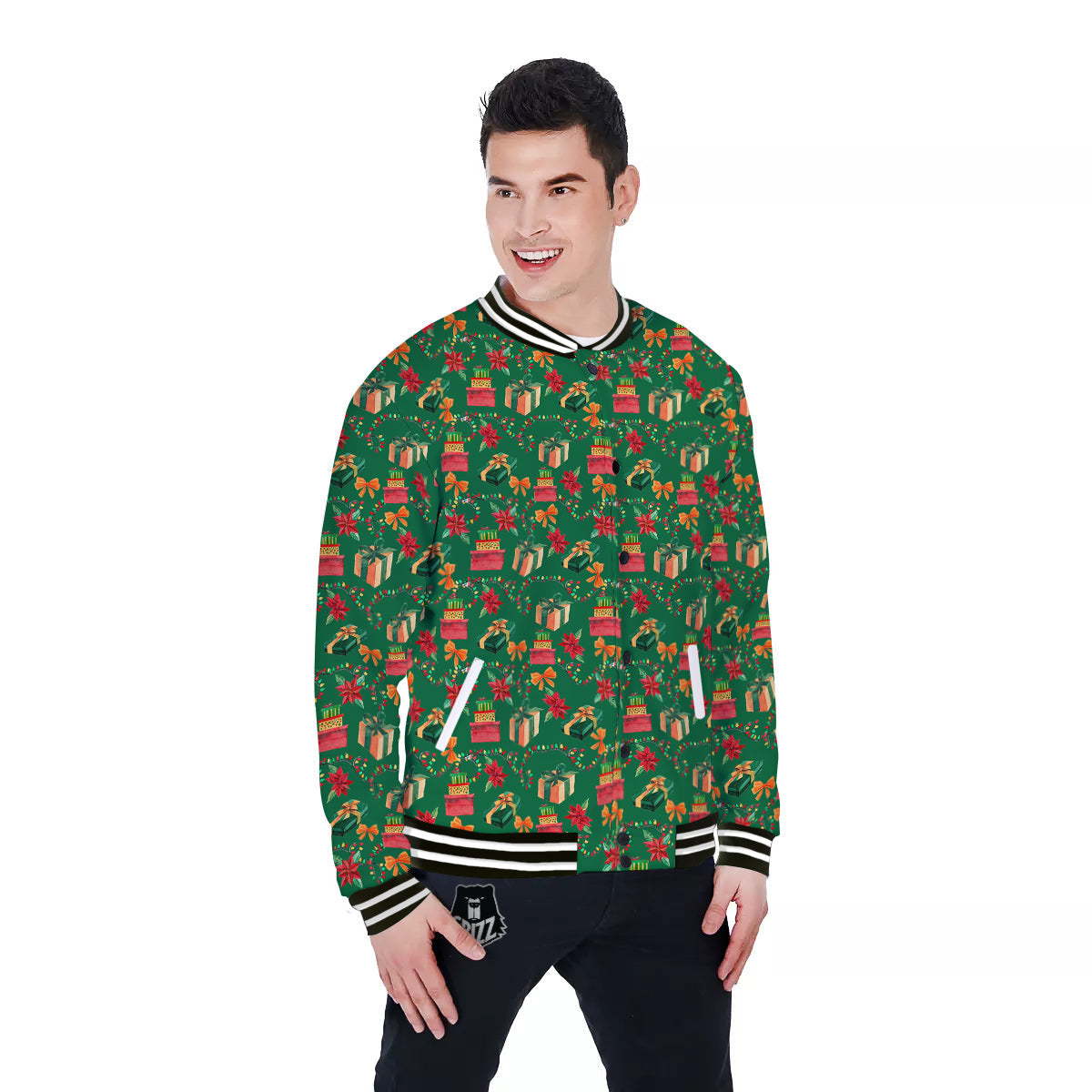 Poinsettia Cute Christmas Print Pattern Baseball Jacket-grizzshop