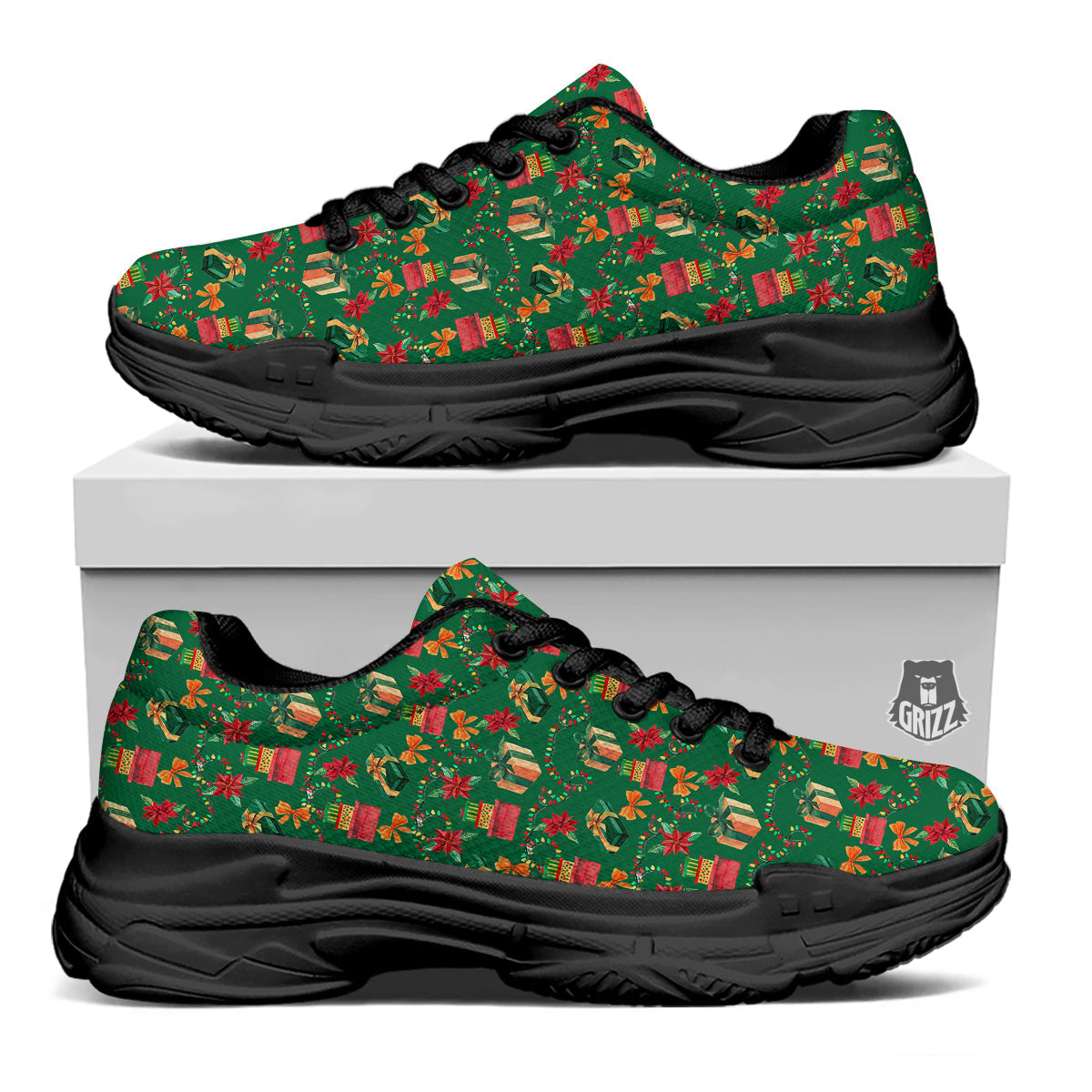 Poinsettia Cute Christmas Print Pattern Black Chunky Shoes-grizzshop