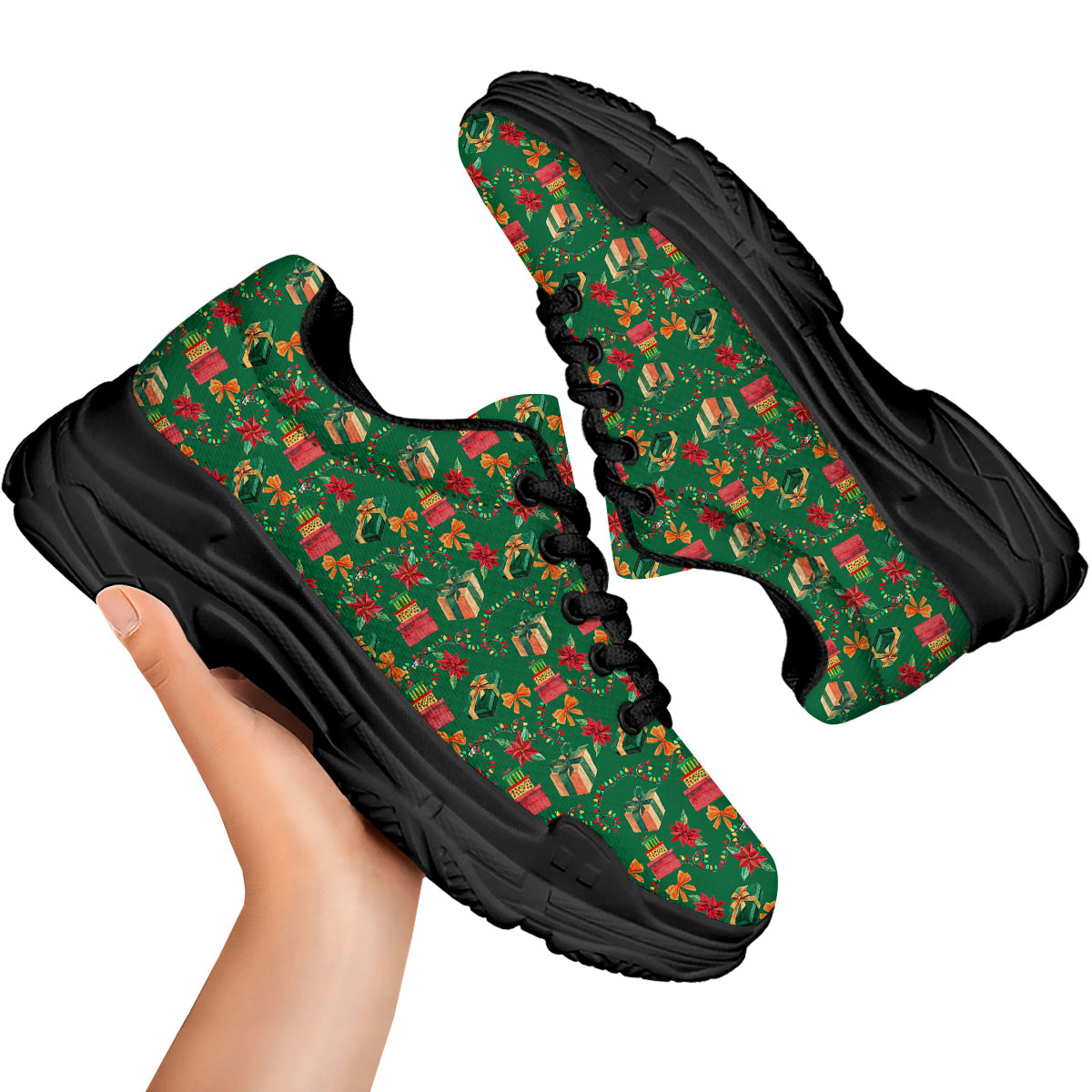 Poinsettia Cute Christmas Print Pattern Black Chunky Shoes-grizzshop