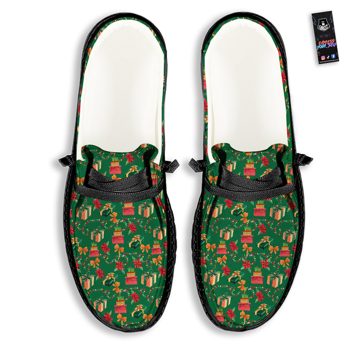 Poinsettia Cute Christmas Print Pattern Black Loafers-grizzshop