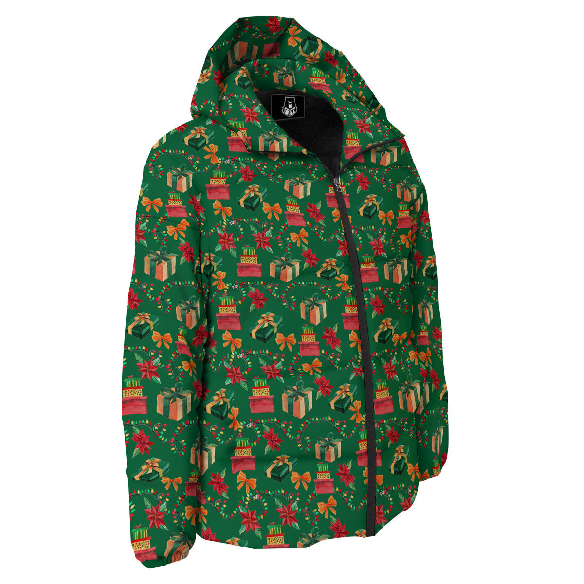 Poinsettia Cute Christmas Print Pattern Down Jacket-grizzshop