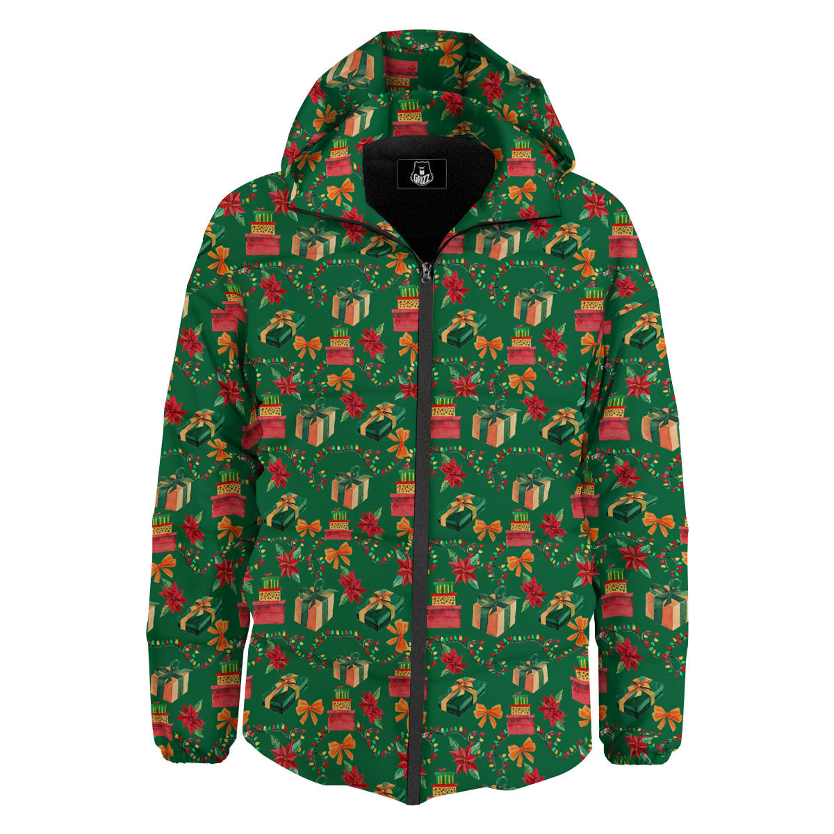 Poinsettia Cute Christmas Print Pattern Down Jacket-grizzshop