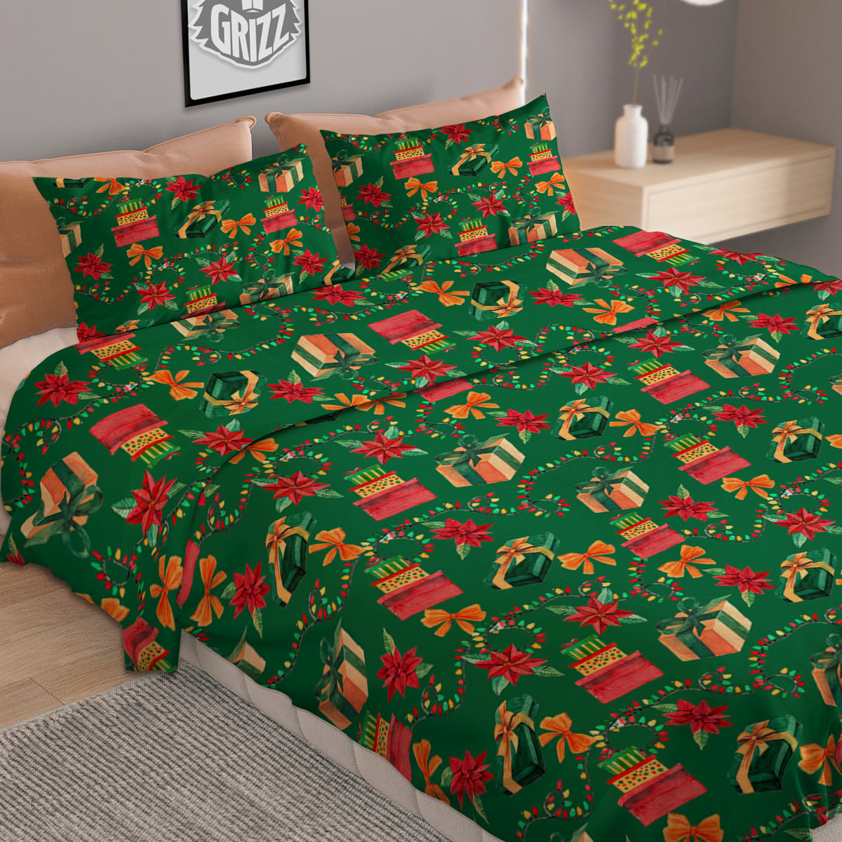 Poinsettia Cute Christmas Print Pattern Duvet Cover Bedding Set