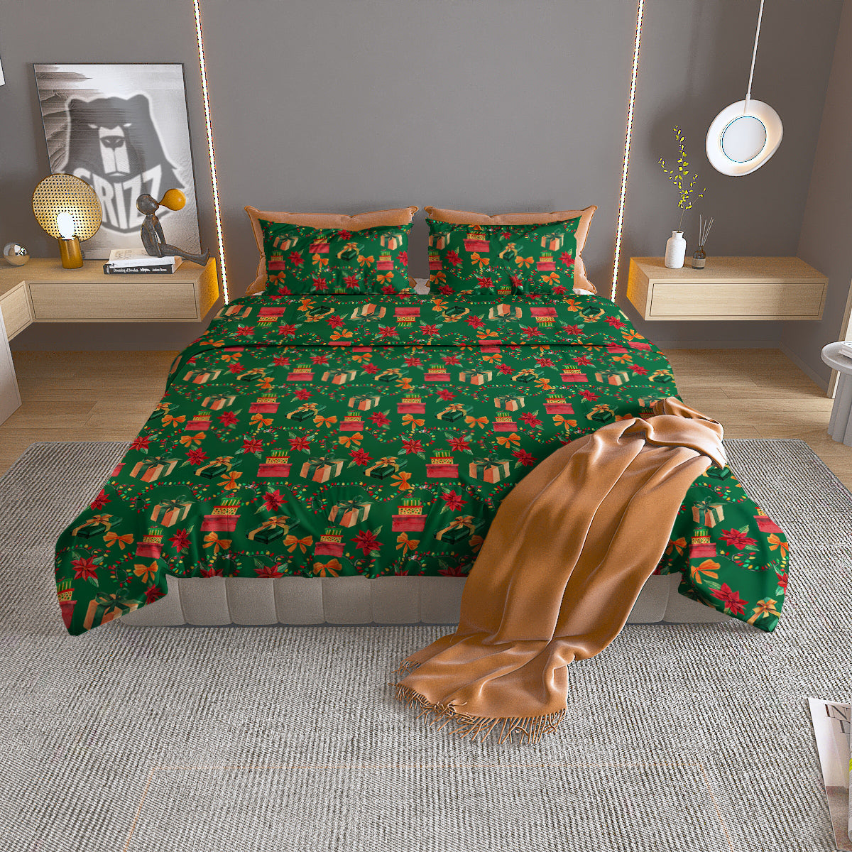 Poinsettia Cute Christmas Print Pattern Duvet Cover Bedding Set