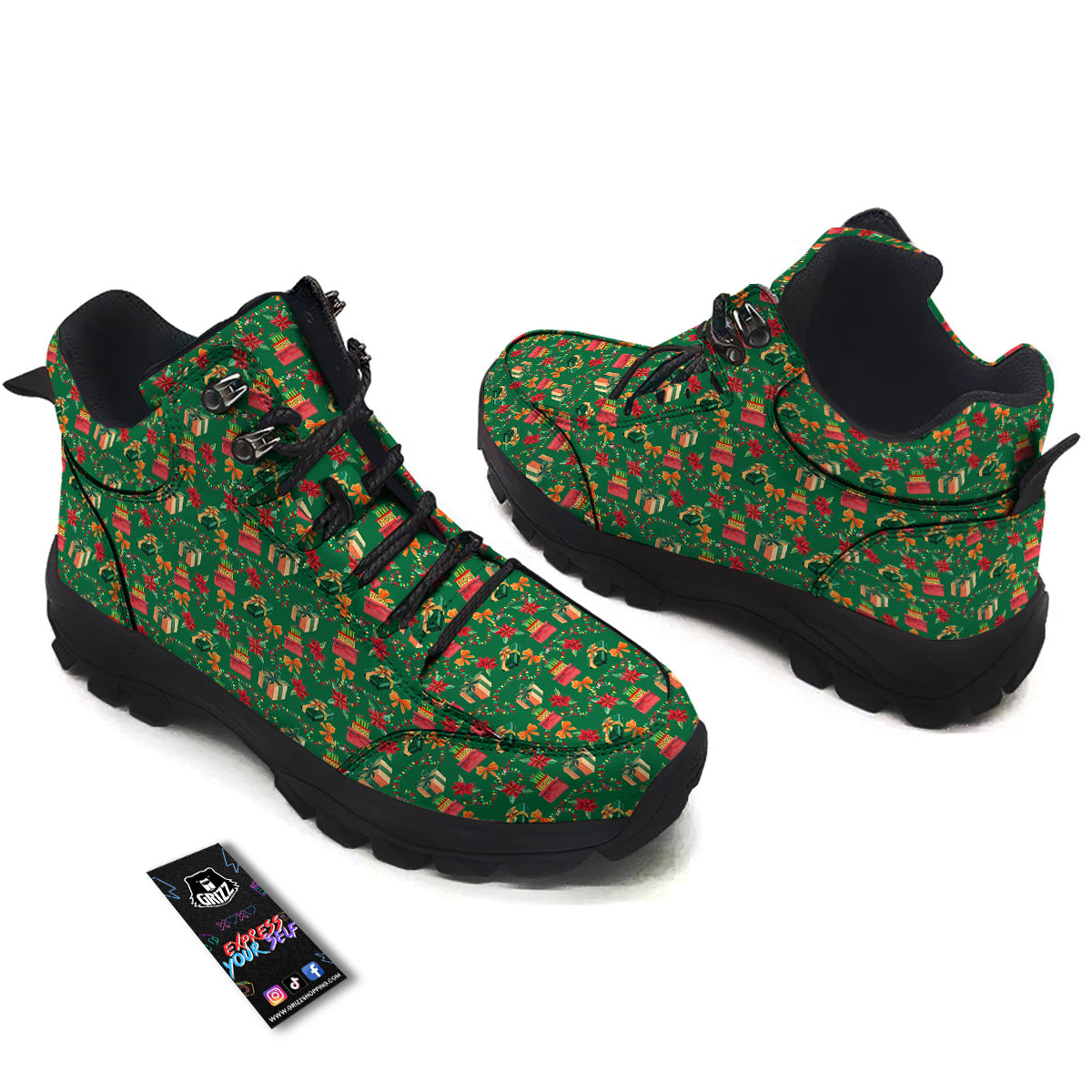 Poinsettia Cute Christmas Print Pattern Hiking Shoes-grizzshop