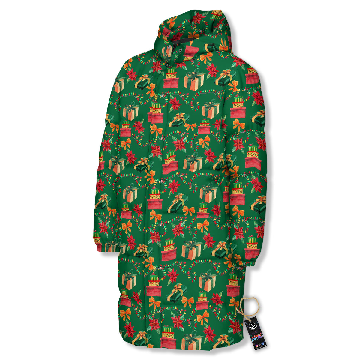 Poinsettia Cute Christmas Print Pattern Long Down Jacket-grizzshop