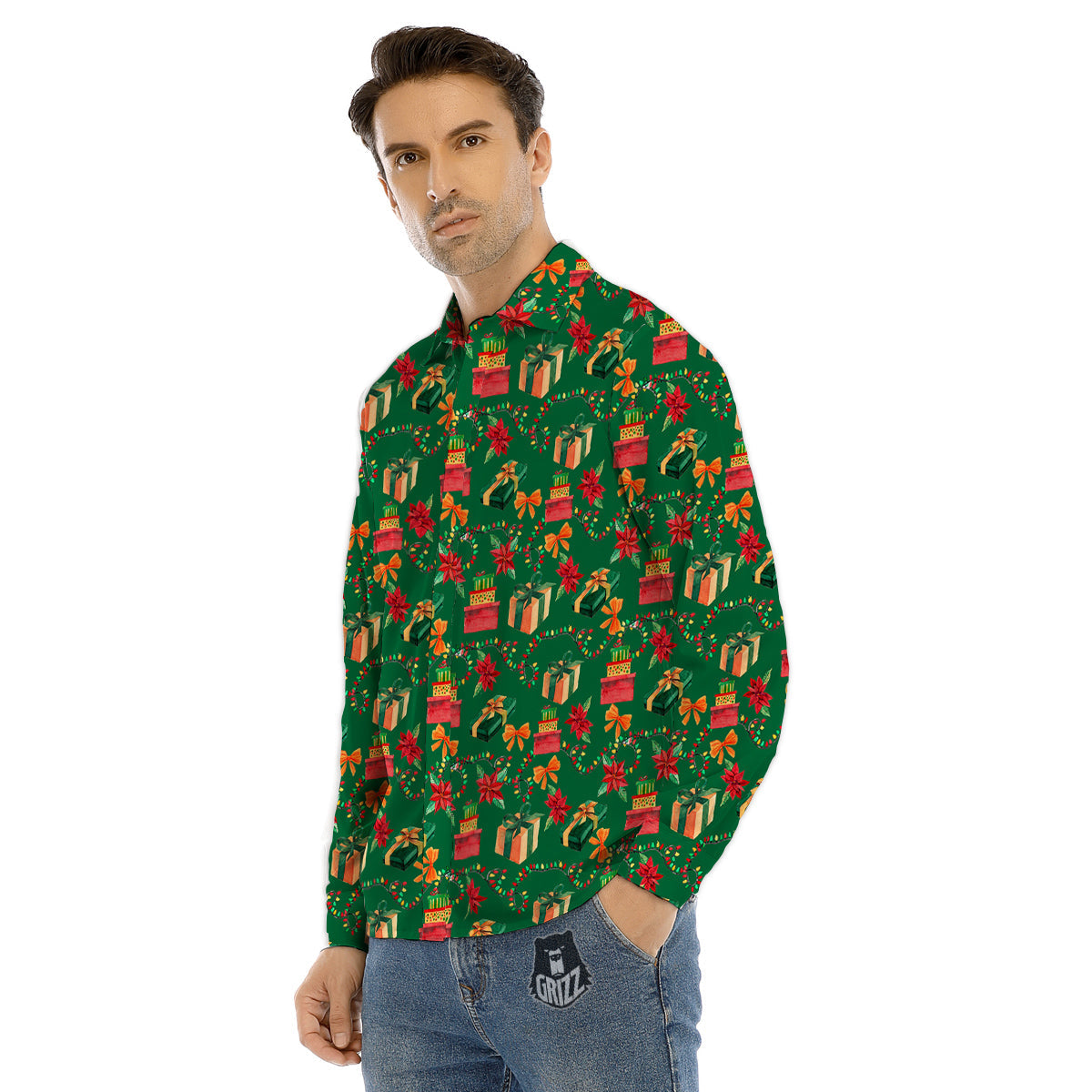 Poinsettia Cute Christmas Print Pattern Men's Dress Shirts-grizzshop