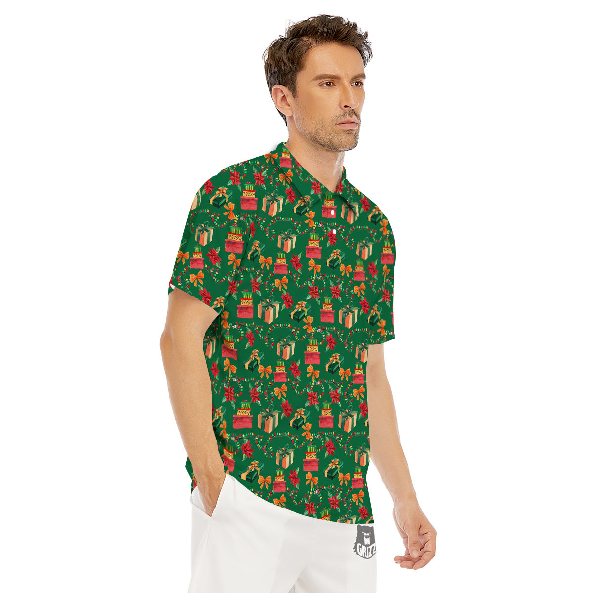 Poinsettia Cute Christmas Print Pattern Men's Golf Shirts-grizzshop