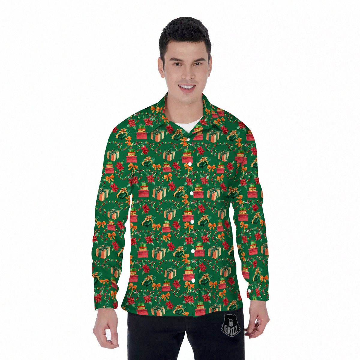 Poinsettia Cute Christmas Print Pattern Men's Long Sleeve Shirts-grizzshop