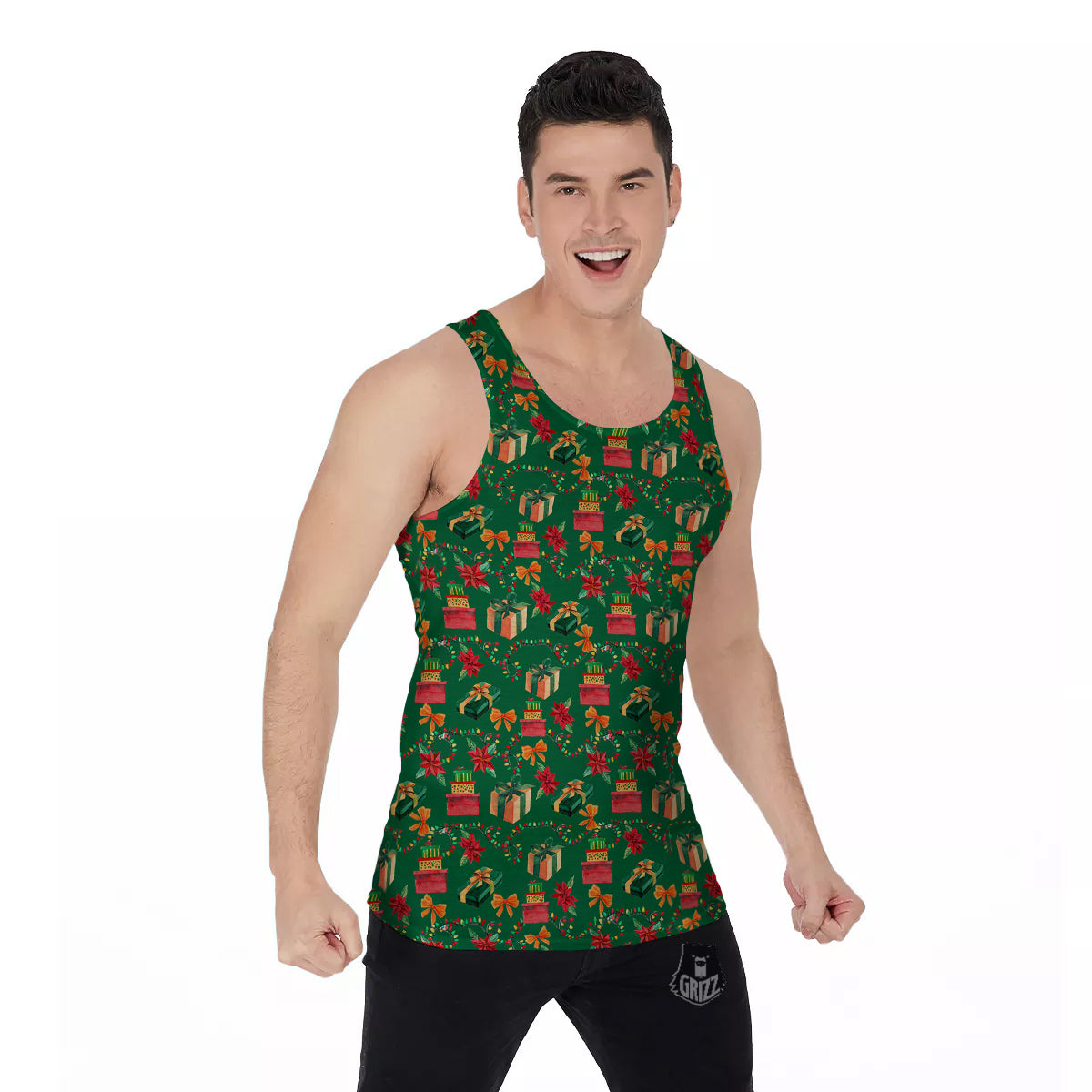 Poinsettia Cute Christmas Print Pattern Men's Tank Top-grizzshop