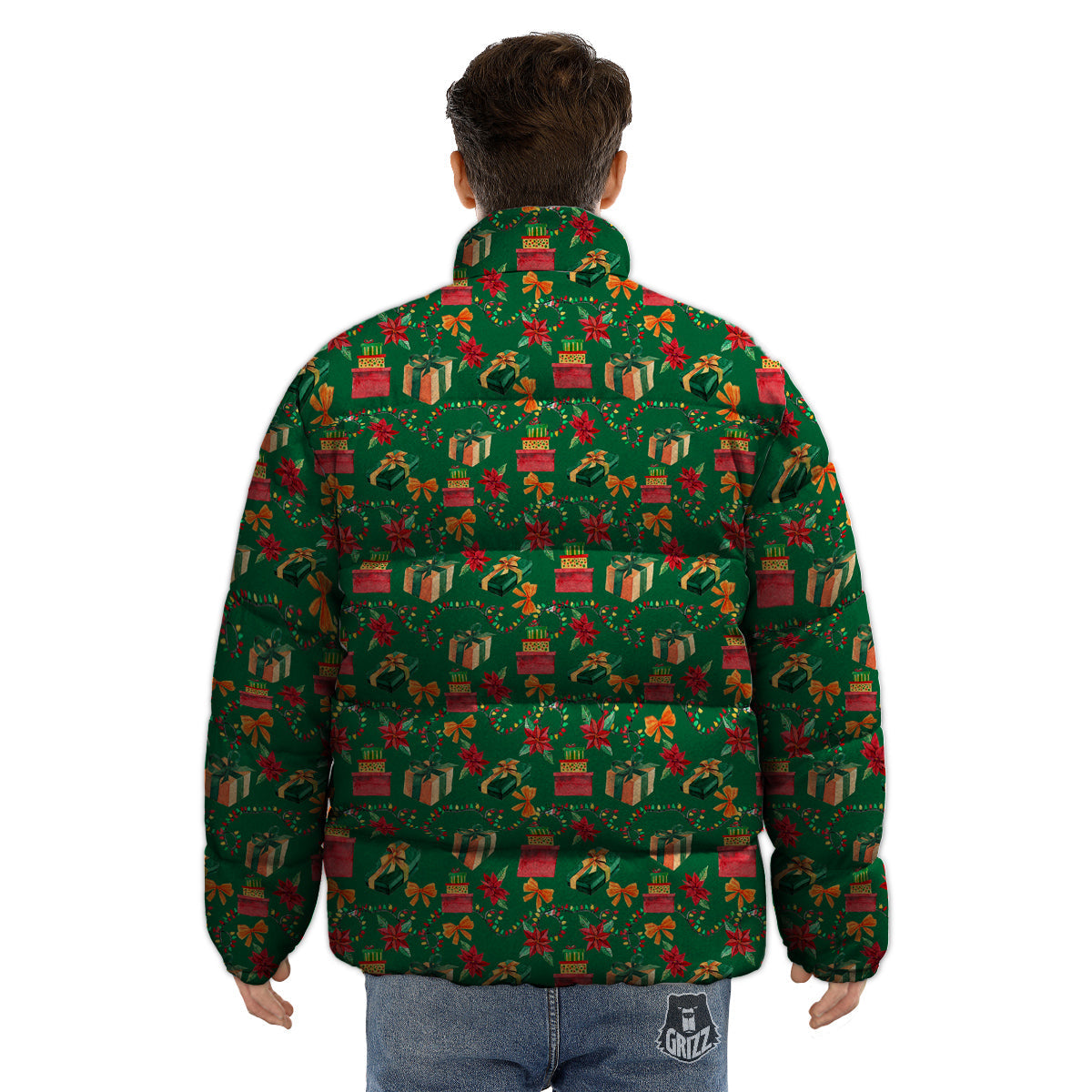 Poinsettia Cute Christmas Print Pattern Puffer Jacket-grizzshop