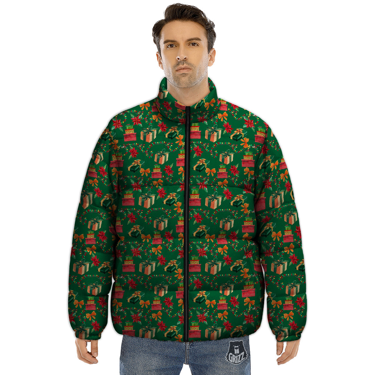Poinsettia Cute Christmas Print Pattern Puffer Jacket-grizzshop
