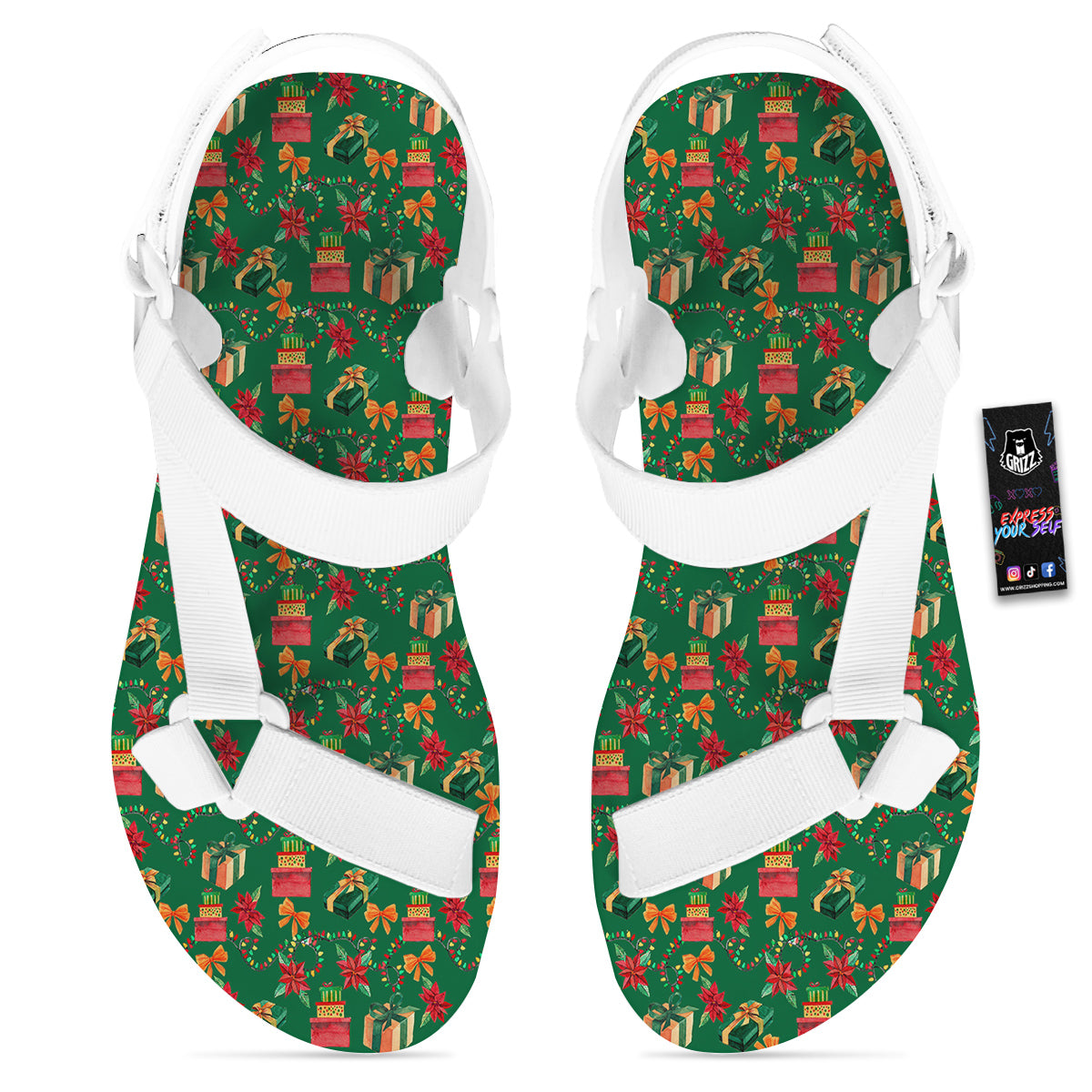 Poinsettia Cute Christmas Print Pattern White Open Toe Sandals-grizzshop