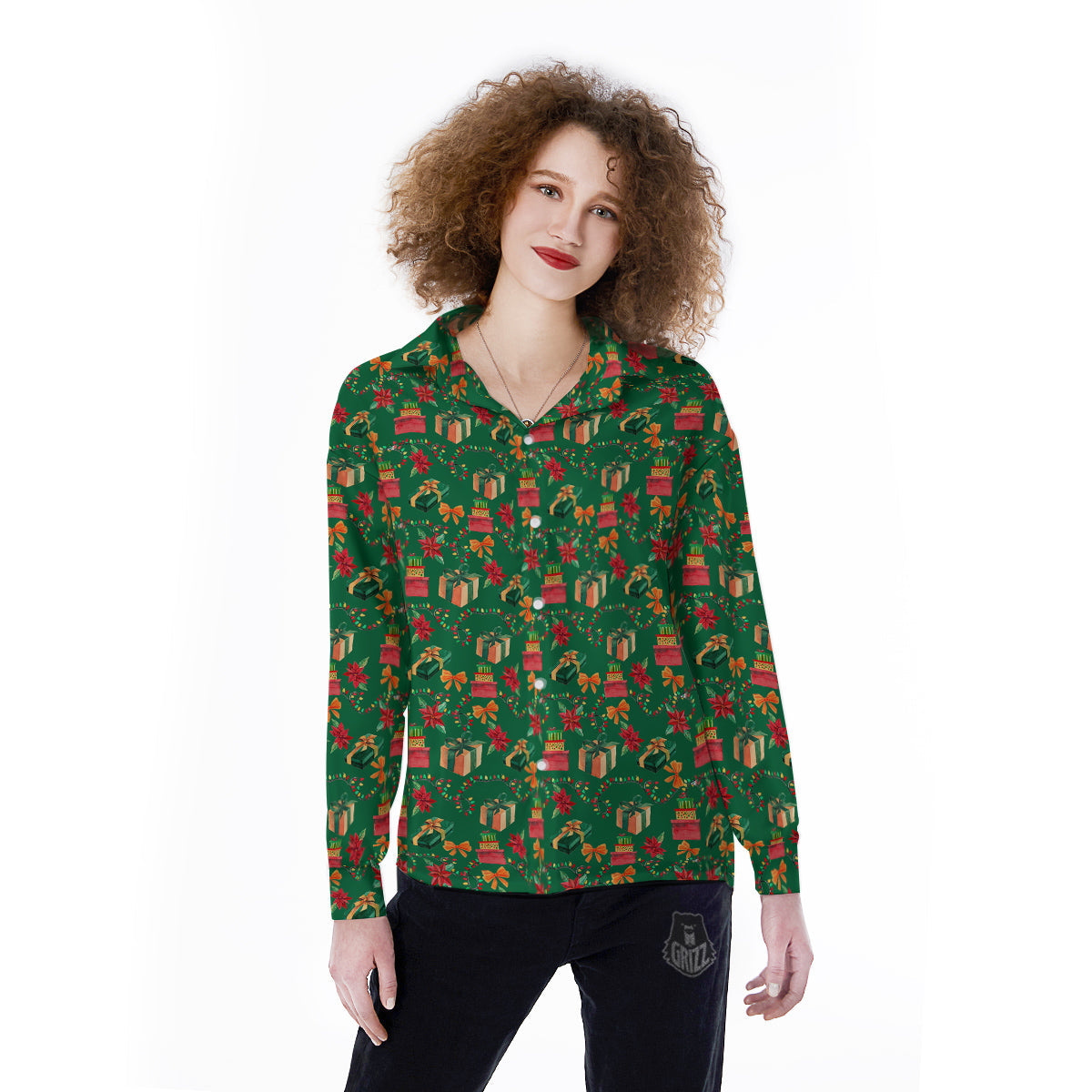 Poinsettia Cute Christmas Print Pattern Women's Long Sleeve Shirts-grizzshop