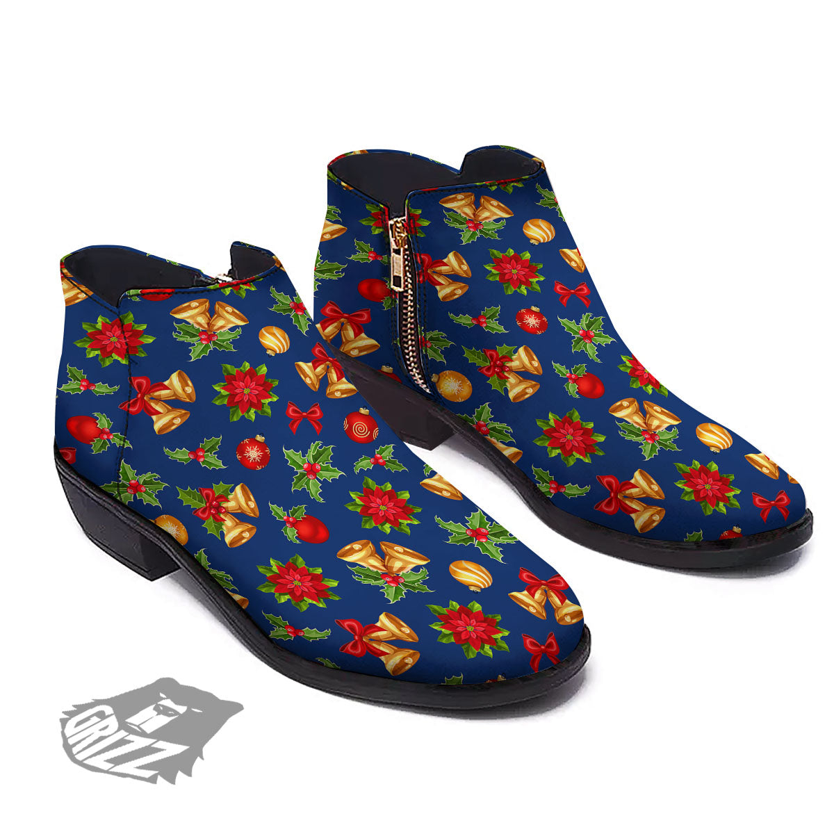 Poinsettia Merry Christmas Print Pattern Ankle Boots-grizzshop