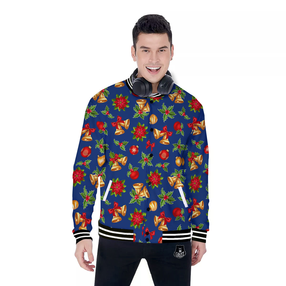 Poinsettia Merry Christmas Print Pattern Baseball Jacket-grizzshop