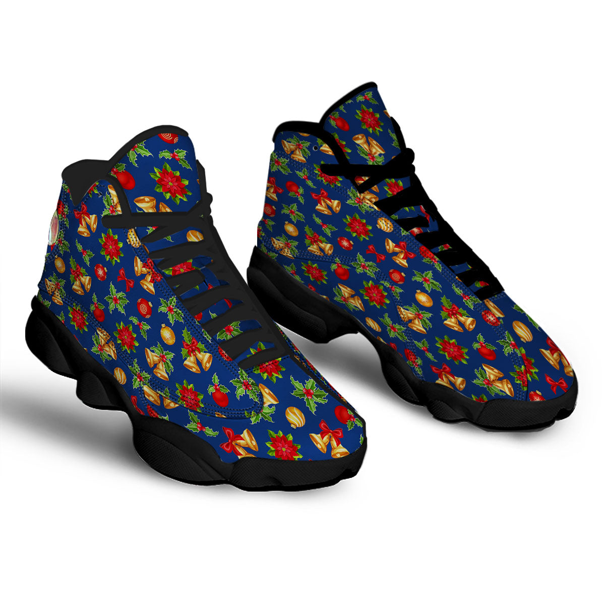 Poinsettia Merry Christmas Print Pattern Black Basketball Shoes-grizzshop