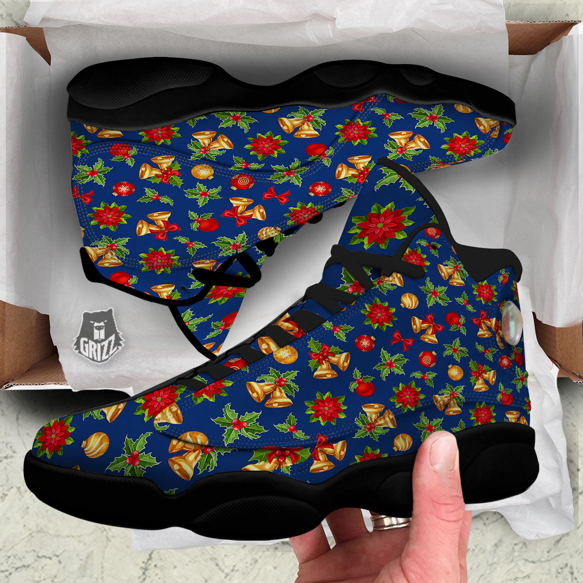 Poinsettia Merry Christmas Print Pattern Black Basketball Shoes-grizzshop