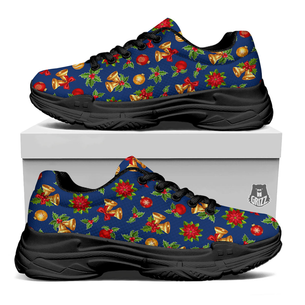 Poinsettia Merry Christmas Print Pattern Black Chunky Shoes-grizzshop