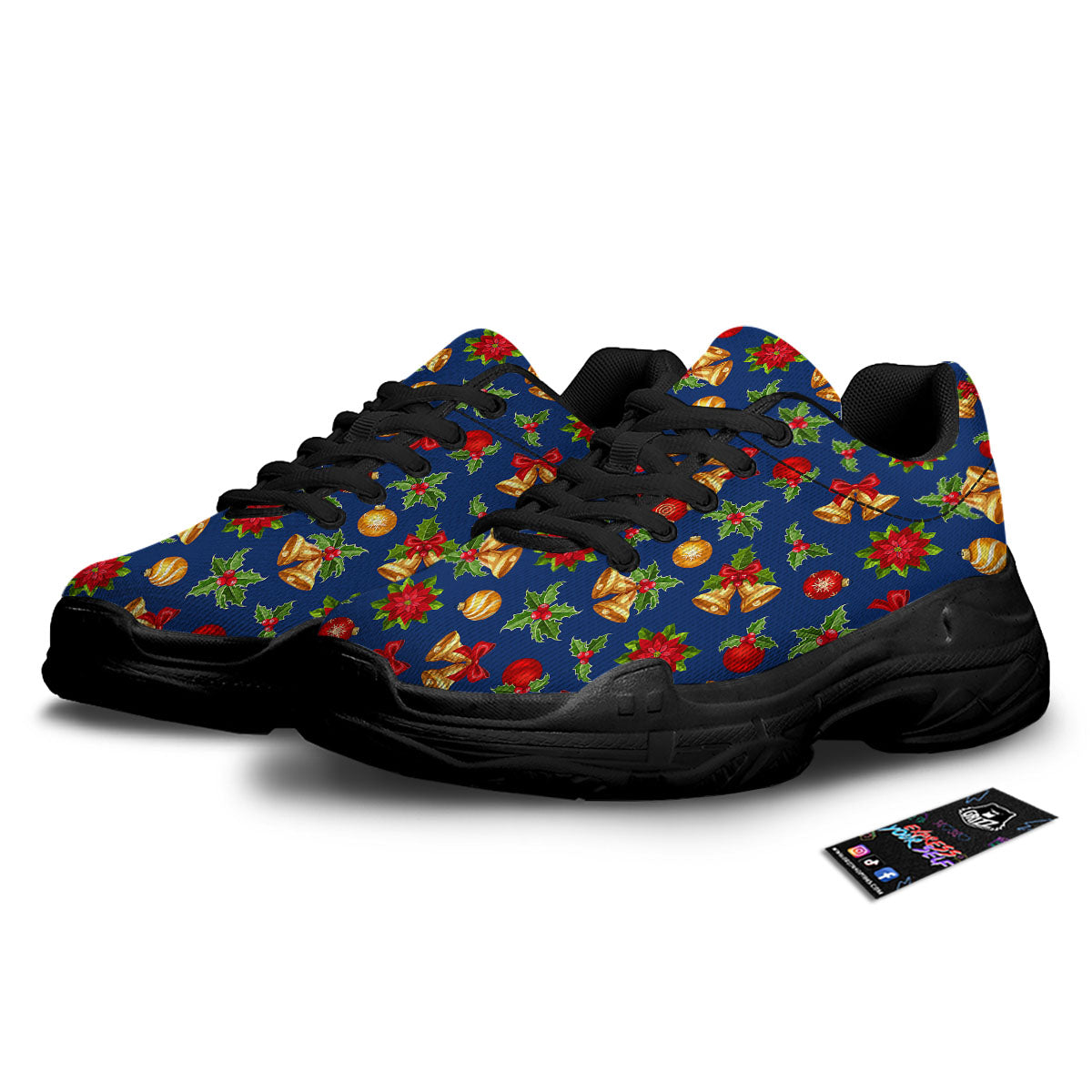 Poinsettia Merry Christmas Print Pattern Black Chunky Shoes-grizzshop