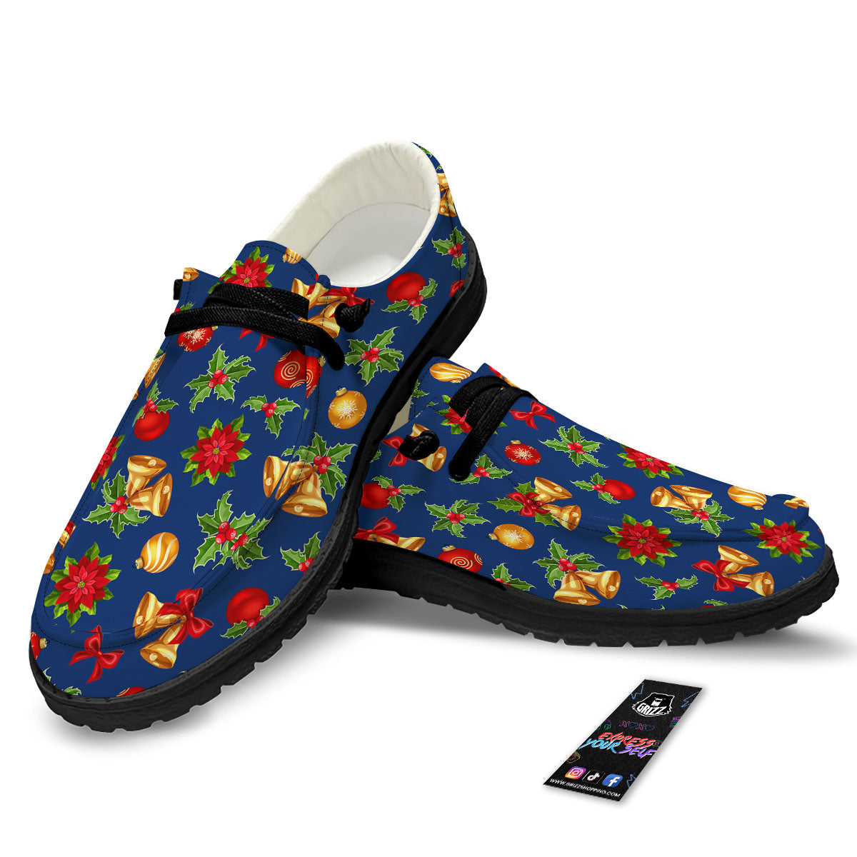 Poinsettia Merry Christmas Print Pattern Black Loafers-grizzshop