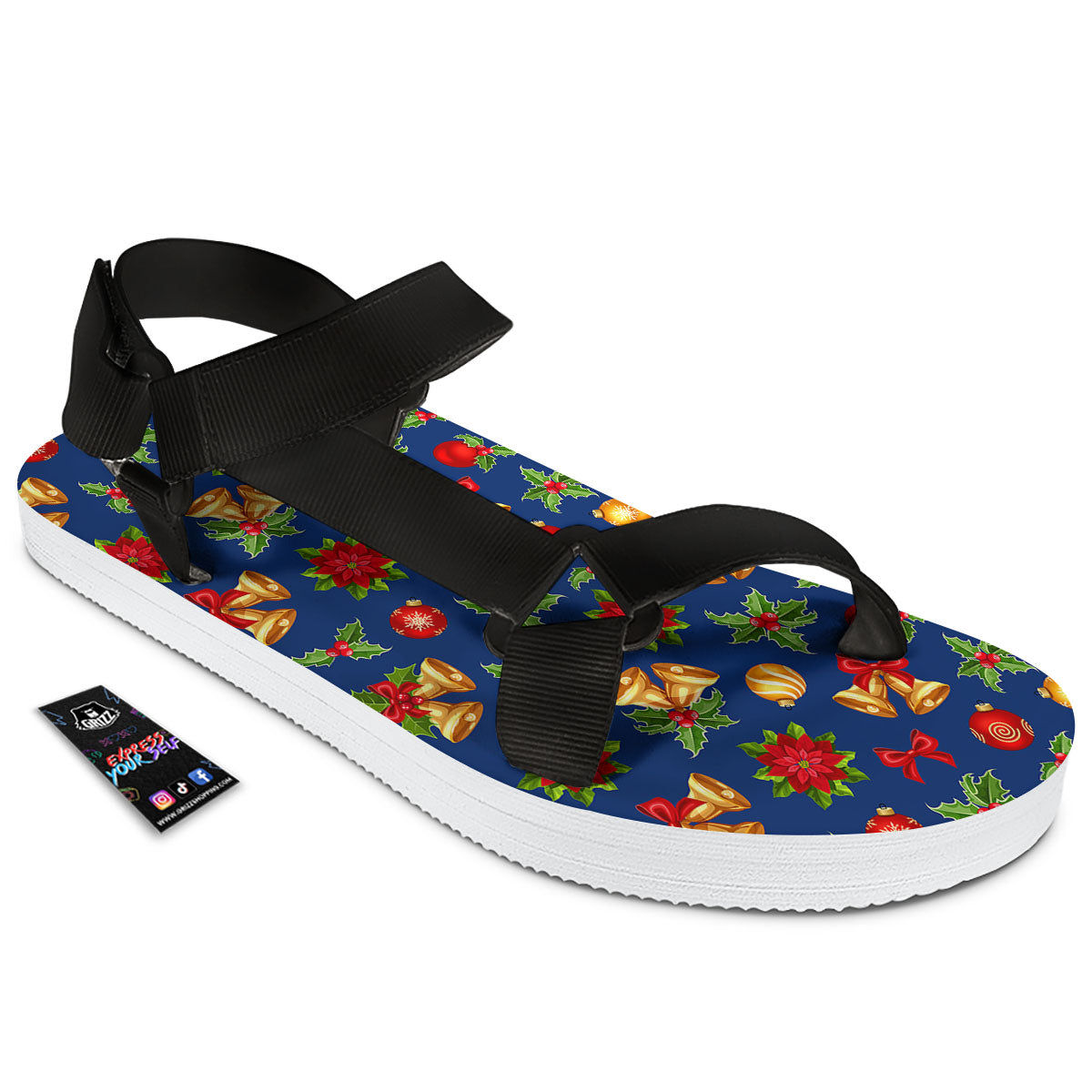 Poinsettia Merry Christmas Print Pattern Black Open Toe Sandals-grizzshop