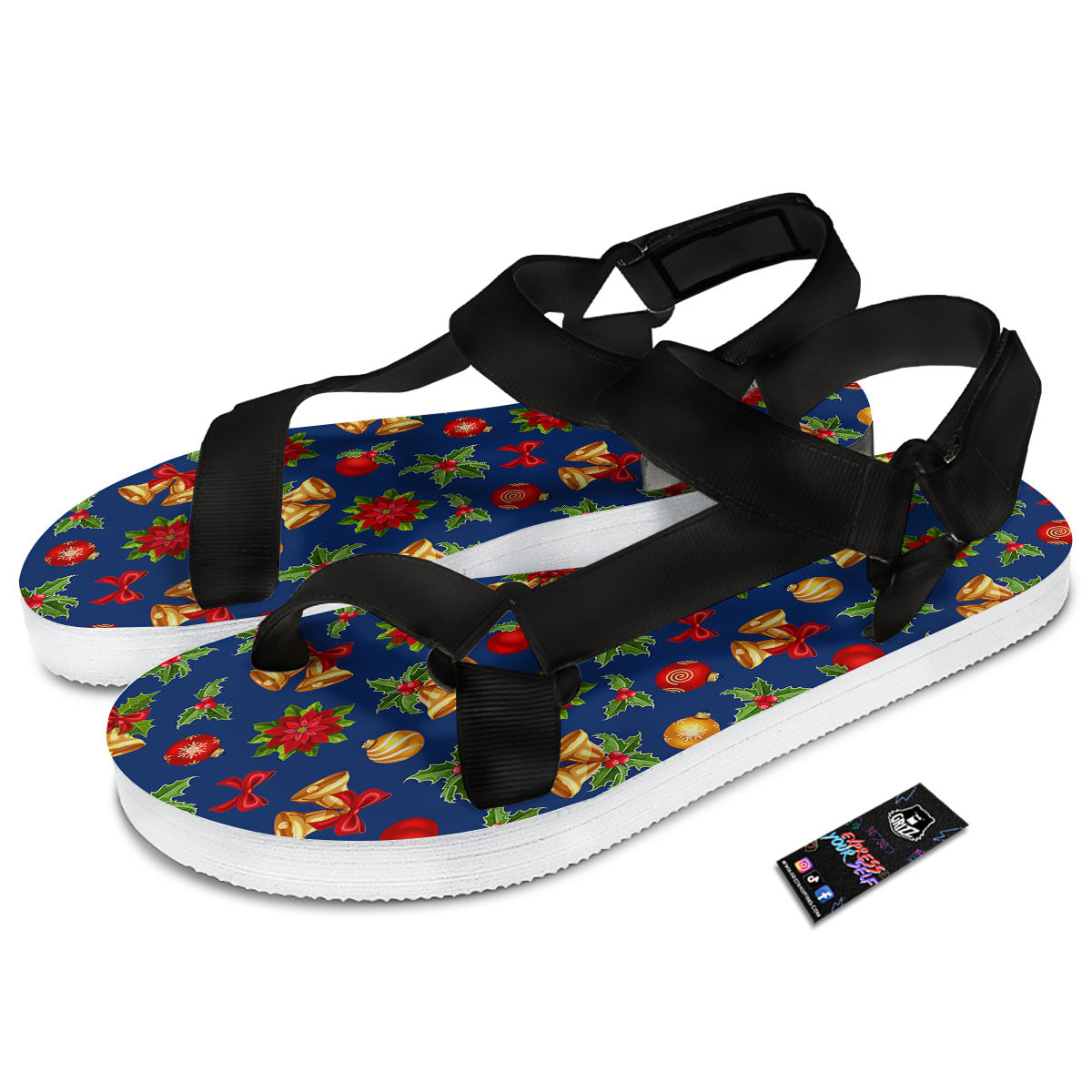 Poinsettia Merry Christmas Print Pattern Black Open Toe Sandals-grizzshop