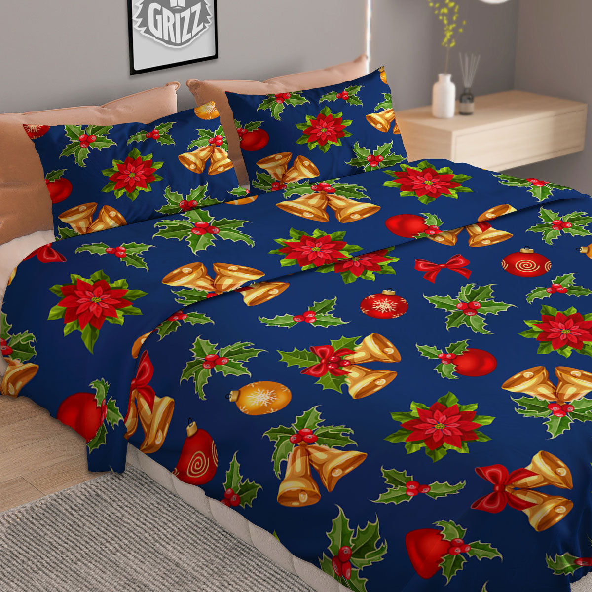 Poinsettia Merry Christmas Print Pattern Duvet Cover Bedding Set