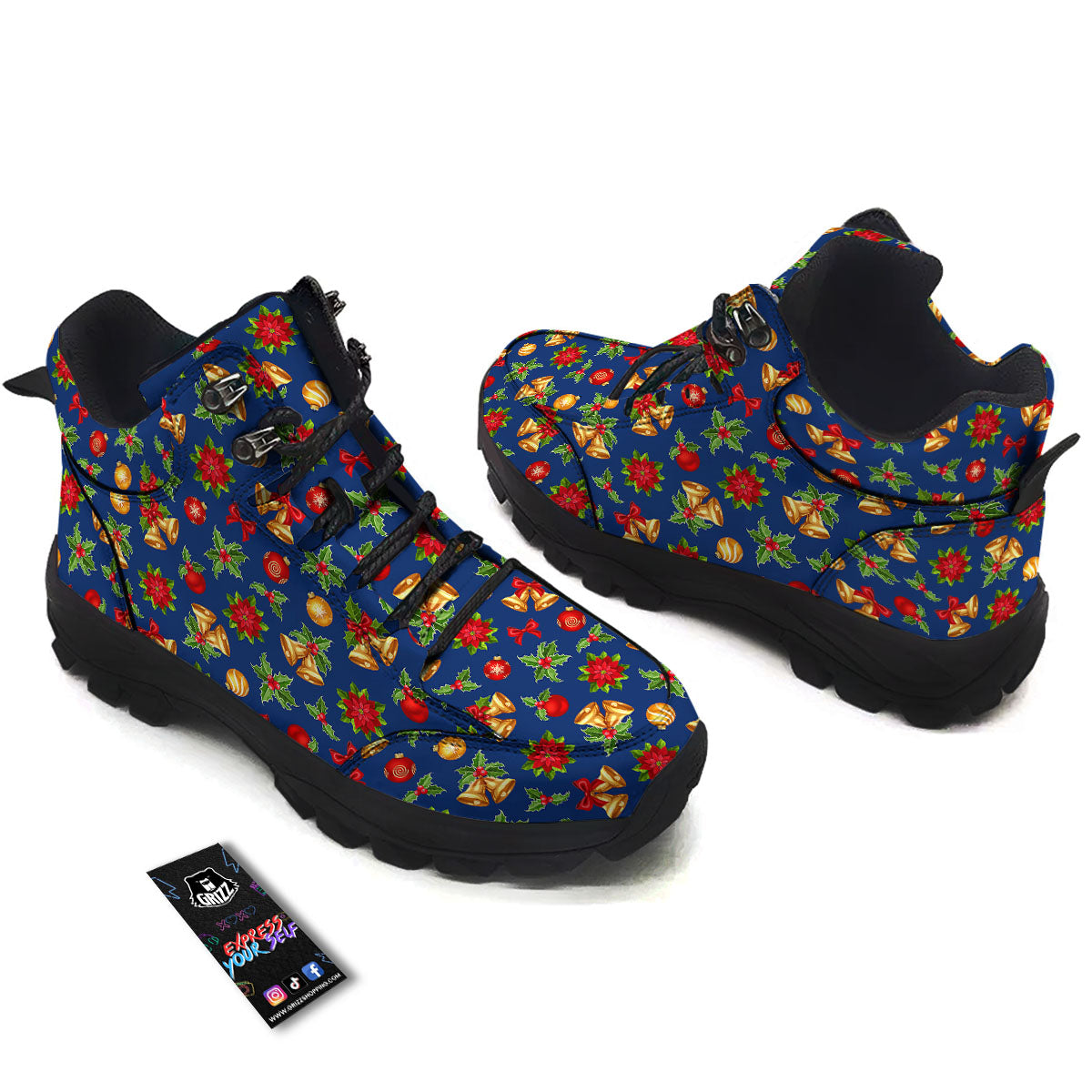 Poinsettia Merry Christmas Print Pattern Hiking Shoes-grizzshop