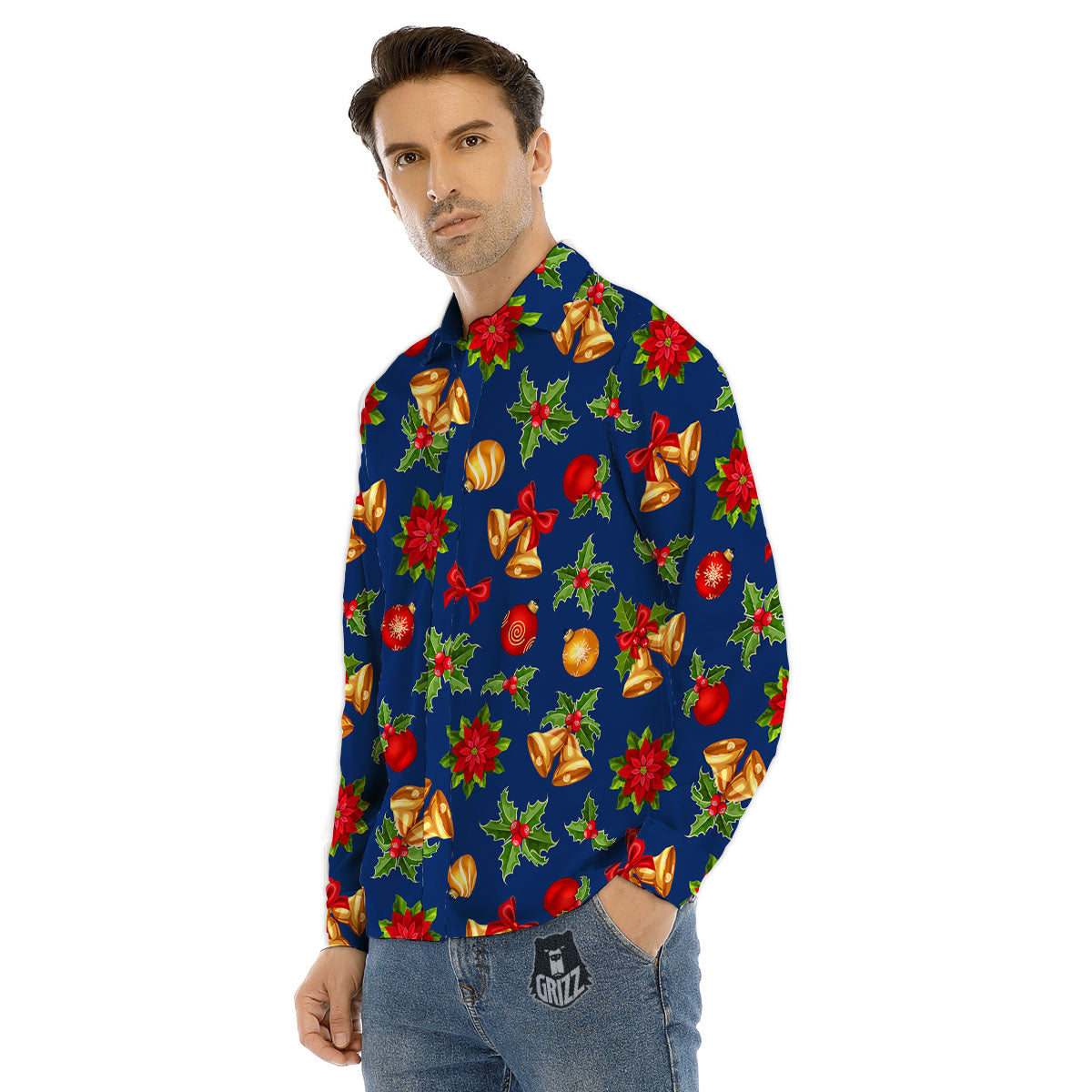 Poinsettia Merry Christmas Print Pattern Men's Dress Shirts-grizzshop