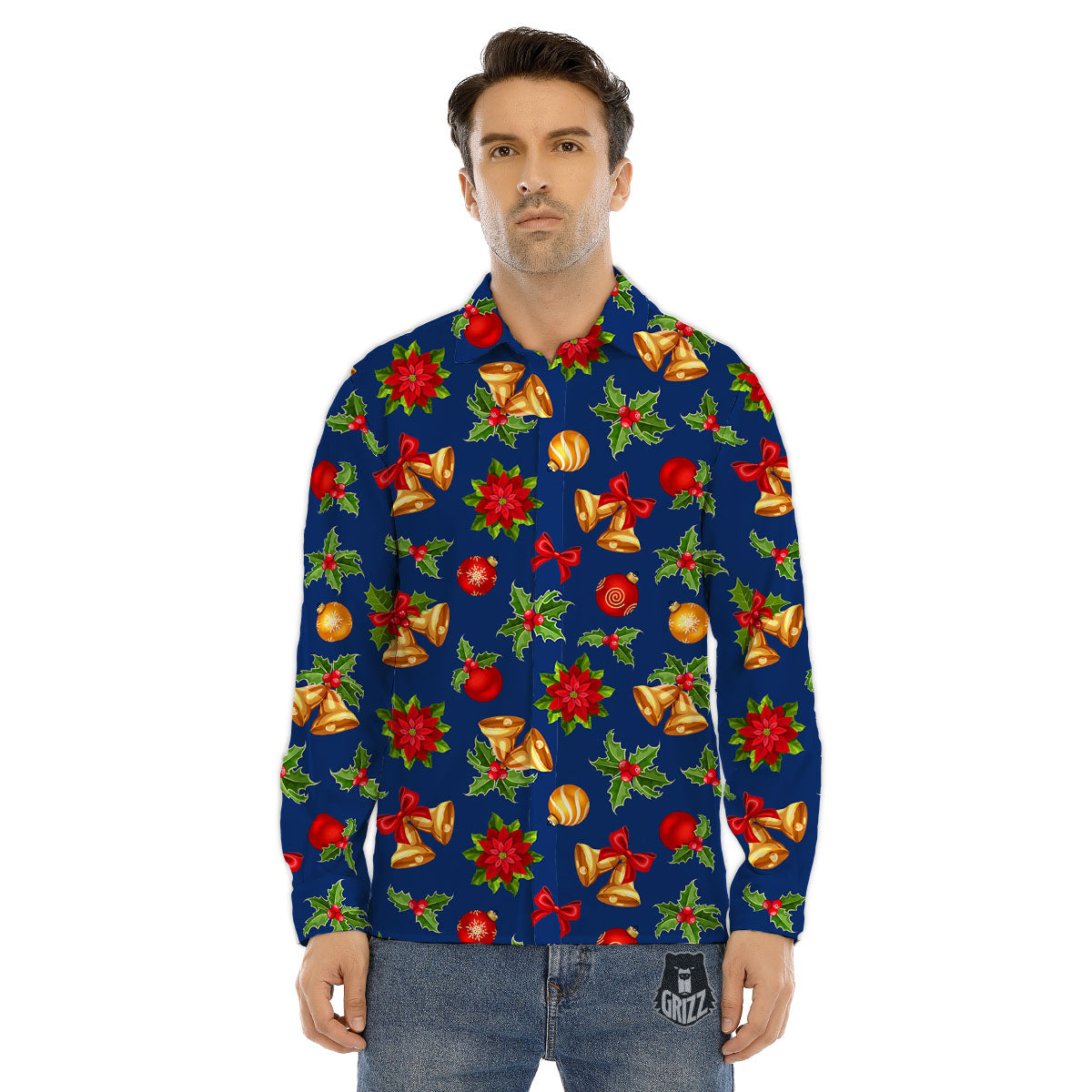 Poinsettia Merry Christmas Print Pattern Men's Dress Shirts-grizzshop