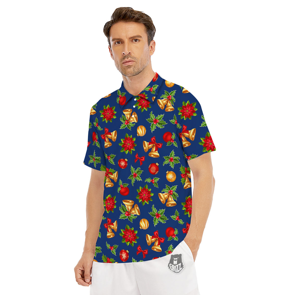 Poinsettia Merry Christmas Print Pattern Men's Golf Shirts-grizzshop