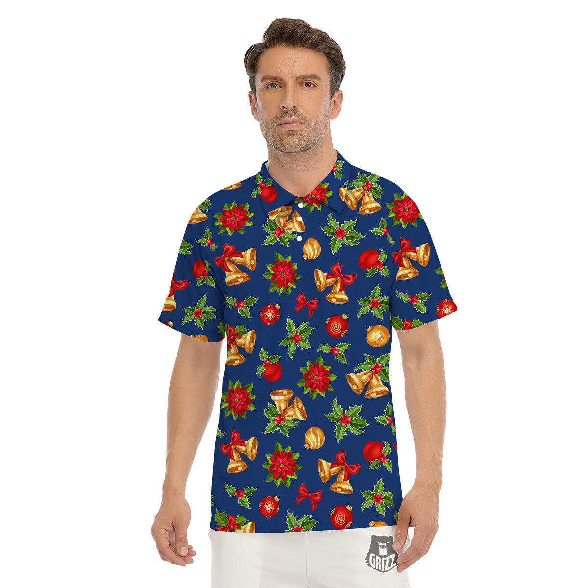Poinsettia Merry Christmas Print Pattern Men's Golf Shirts-grizzshop