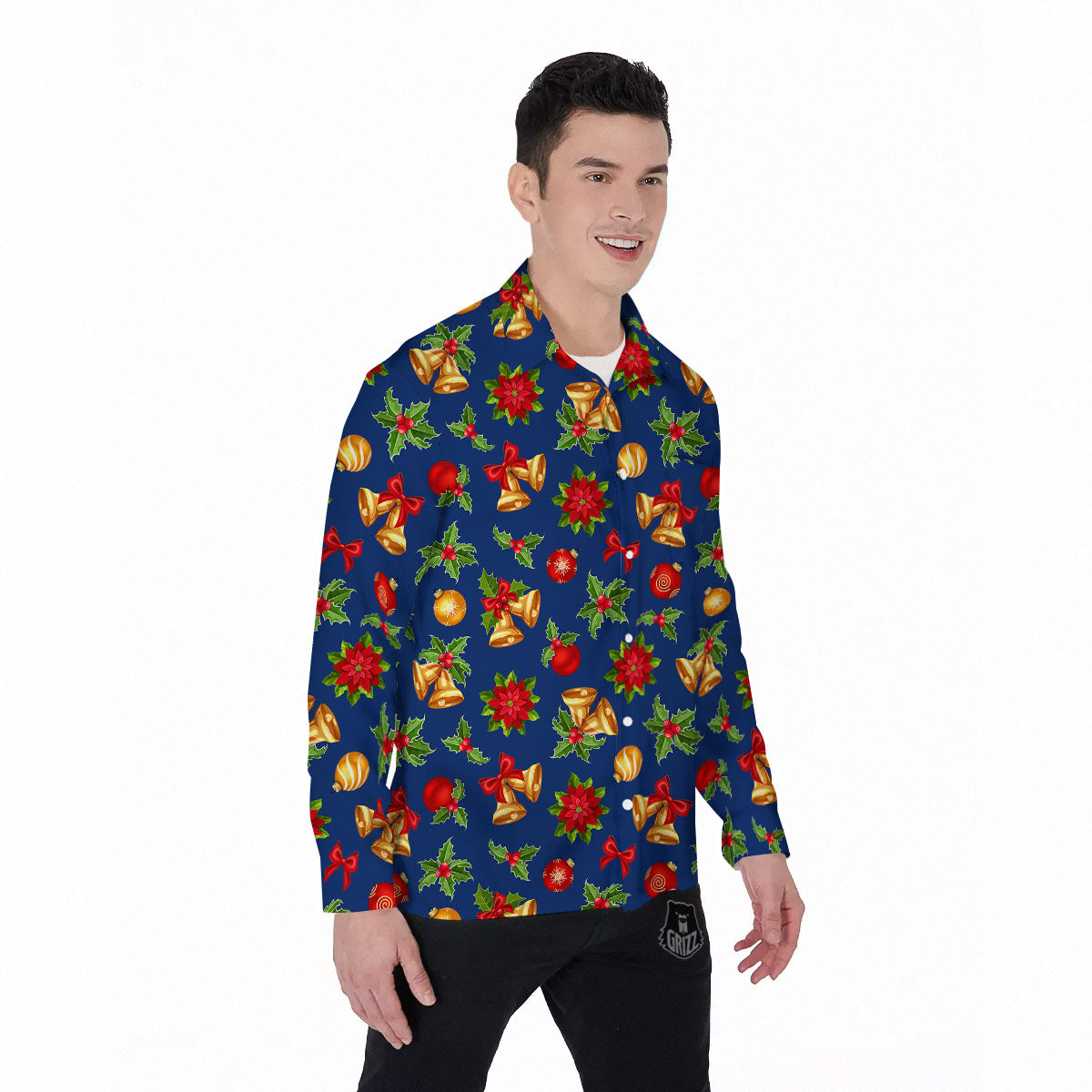 Poinsettia Merry Christmas Print Pattern Men's Long Sleeve Shirts-grizzshop